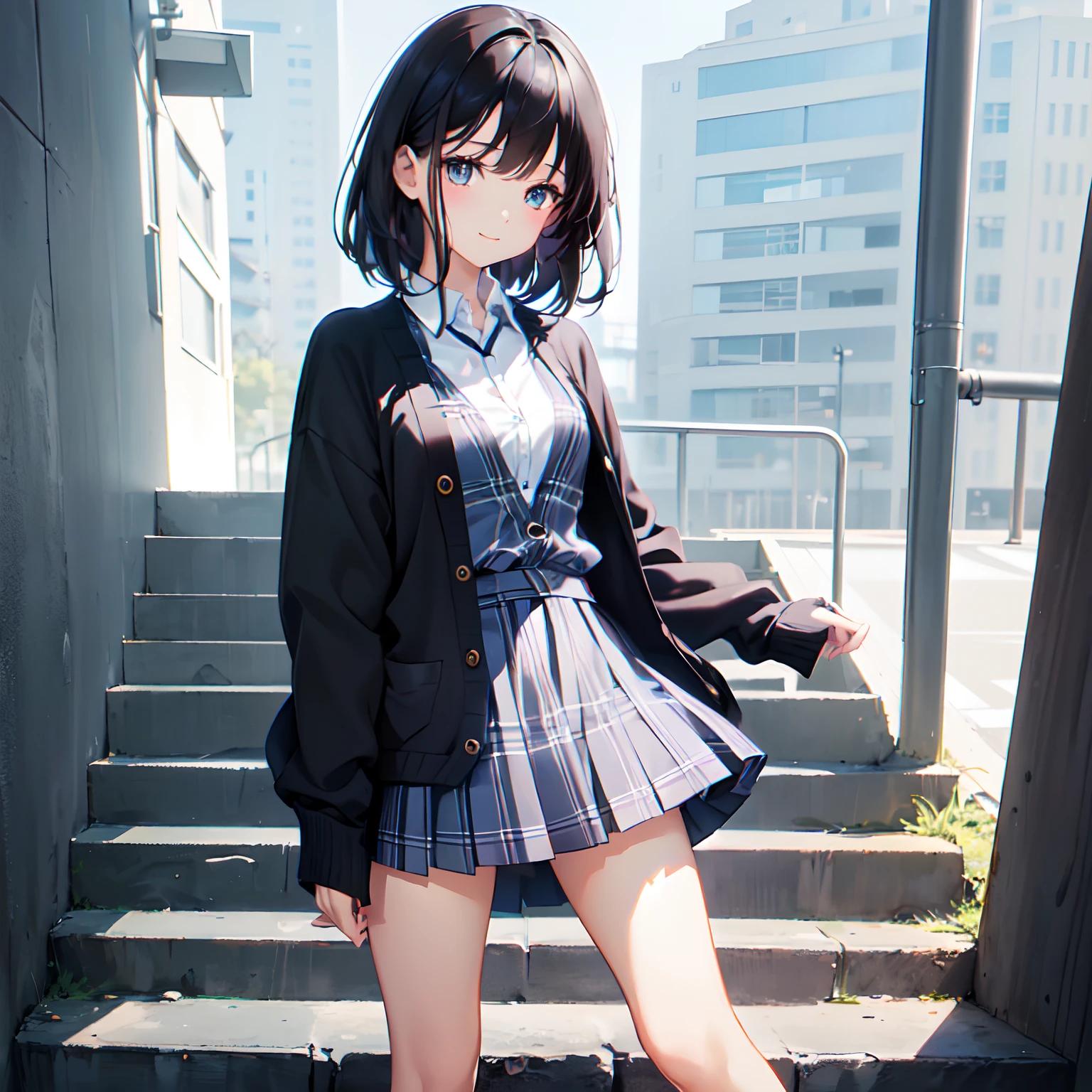 Super delicate and cute girl with black hair、1 persons、a junior high school student、14years、8K Ultra High Definition、Delicate texture、 Medium Hair、flat chest、(((Plaid mini skirt)))、(((Wearing a cardigan over a collared shirt)))、high socks、Plain clothe、Smiling、AS-Adult、((Climb the stairs))、(((Rear view)))