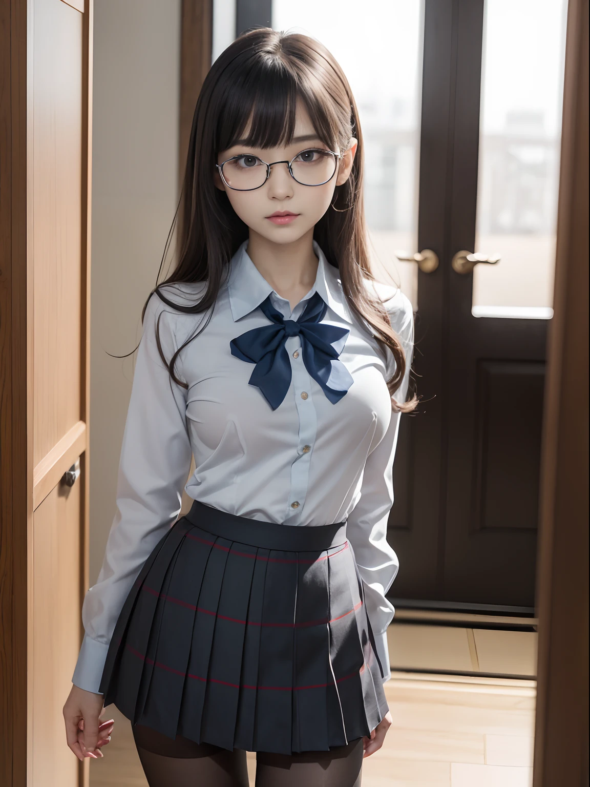 (poneyTail)、(Underwear is visible)、  (((Narrow-eyed))、((Narrow-eyed))、((Narrow-eyed))、(8K、Raw photography、top-quality、​masterpiece：1.2),(((small tits))、((small tits))、((small tits))、((small tits))、((small tits)))、)((A-cup))、((A-cup))、((A-cup))、((A-cup))、((A-cup)))、Has a small、(flat breast)、(flat breast)、(flat breast)、(flat breast)、(flat breast)、(being thin)、Dark look、Rasping,glamor,Chromo-white skin,cocky,School,watching at viewers,Looking at the front,Muchimuchi,High-pitched clothing,Erotic,Pupils,de pele branca,kne,((Black pantyhose)),absurderes,a small face,,Forehead visible,Bangs hanging from the left and right sides of the forehead,(a cold expression,Tight eyes,glares,Bullish,irate)、​masterpiece,top-quality、超A high resolution,Raw photo,ren,Beautiful fece,One Person, 独奏,eye glass,,Dark look,Small breasts,fullllbody,Round glasses,JK school uniform,hi-school girl,A Japanese Lady,is standing,（Photorealsitic：1.37）、Photon mapping,Realistic、Beautie,Cute little face,Brown-eyed、Black socks、(Red bow tie)、Radio City、Physically Based Rendering、depth of fields、Blurry background、a picture,Body,beauty legs, Long legs, Thin leg,(Bangs are visible), hair, s lips, Blue_The eye, nosesoft,(Light blue shirt), (Navy and blue and white plaid pleated skirt), Knees are visible,Sheer clothing,, Thigh, Black cotton socks,Nogizaka Idol, 女優, Japan Idol
Waiting to start