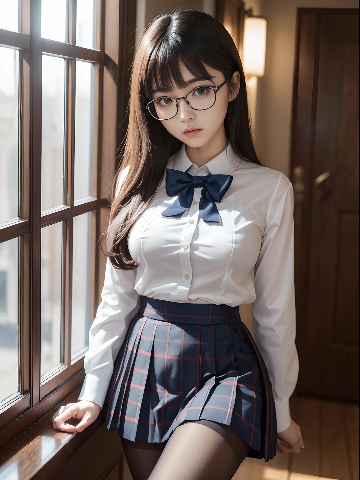 （8K、Raw photography、top-quality、​masterpiece：1.2),Black pantyhose,absurderes,a small face,small tits,flat breast,Parting the bangs from the middle、Forehead visible,(Tight eyes,Bullish,skinny,Rasping,irate)、​masterpiece,top-quality、超A high resolution,Raw photo,ren,Beautiful fece,One Person, 独奏,eye glass,,Dark look,Small breasts,fullllbody,Round glasses、cute little、A Japanese Lady,is standing,(Tight eyes,Bullish,skinny,Rasping,irate,small tits,flat breast)、（Photorealsitic：1.37）、Photon mapping,Light blue ribbon,Realistic、Cute little face,Brown-eyed、Black socks、(Red bow tie)、Radio City、Physically Based Rendering、Foreground、depth of fields、Blurry background、a picture,The girls、Body, Long legs, Thin leg,poneyTail,(Bangs are visible), hair, s lips, Blue_The eye, nosesoft,White shirt, Navy blue and white plaid pleated skirt, Knees are visible,Sheer clothing,, Thigh, Black cotton socks,Nogizaka Idol, 女優, Japanese ido、large boob、Open your shirt to expose your chest、cleavage of the breast、Bring out your nipples