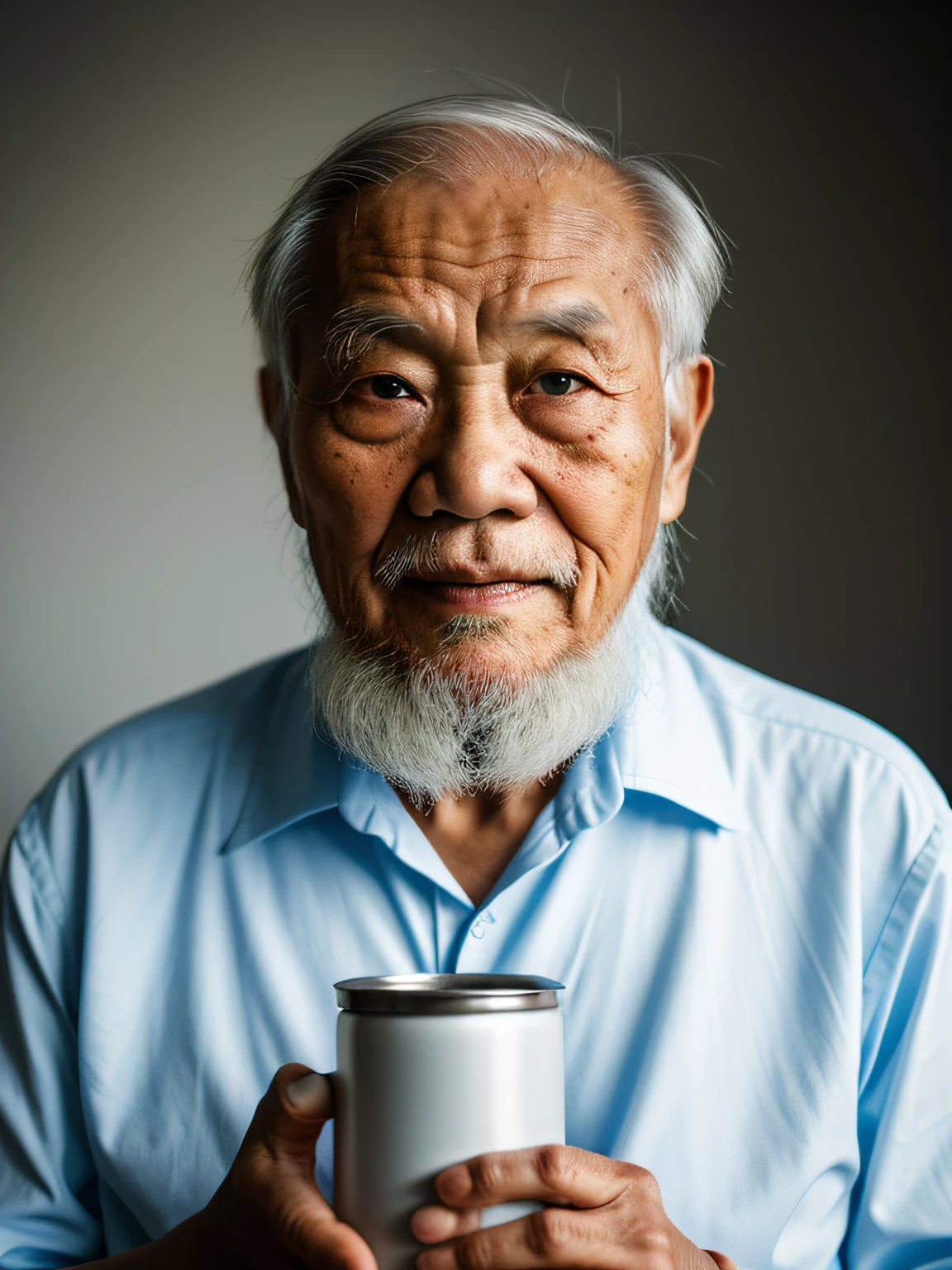Hyper-Resolution, Ultra photo realsisim, cinema shot, An 80-year-old Asian father,Look at the viewer,Hold the thermos cup,Elderly father,Spiritual elderly,Single image, Short white hair,White Viking beard, Wide shoulders, High focal length, Bust photo,Faraway view,Digital SLR, Dark Studio, rim lit, twotonelighting, Dimly lit, low tune, Backlight,