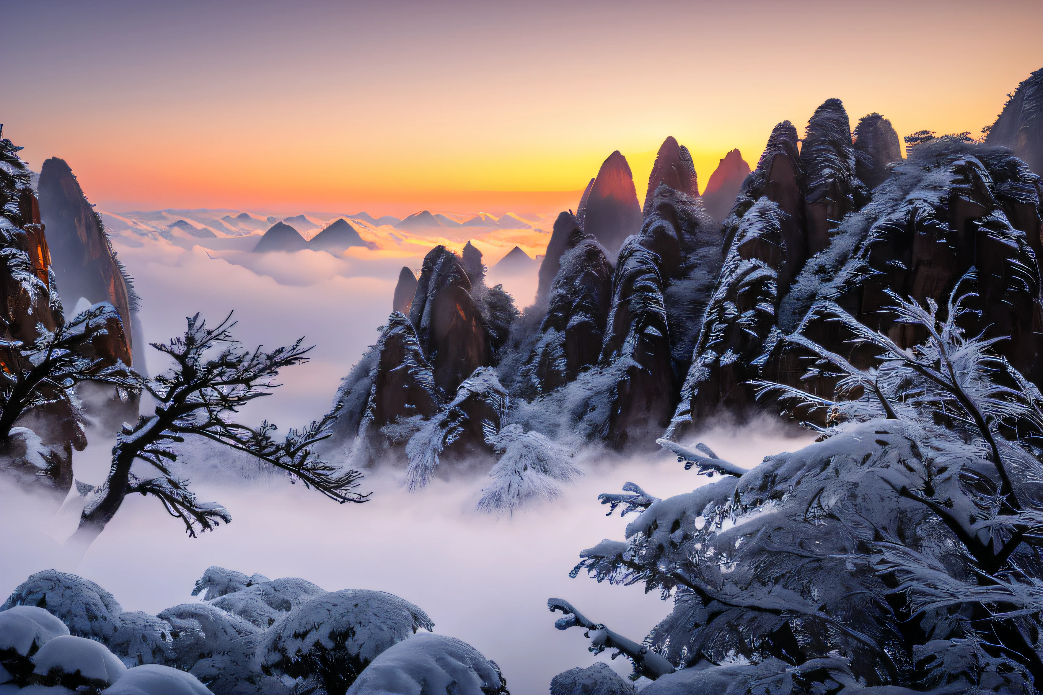 Mountains covered in snow and fog,The background is sunset,Huangshan Scenic Area in the early morning, Floating mountains, the taoist temples of huangshan, winter, Cold mist, Mist, misty mountains, Cold but beautiful, Dramatic cold light, Peaks, Today\'s featured photograph 4k, Snow