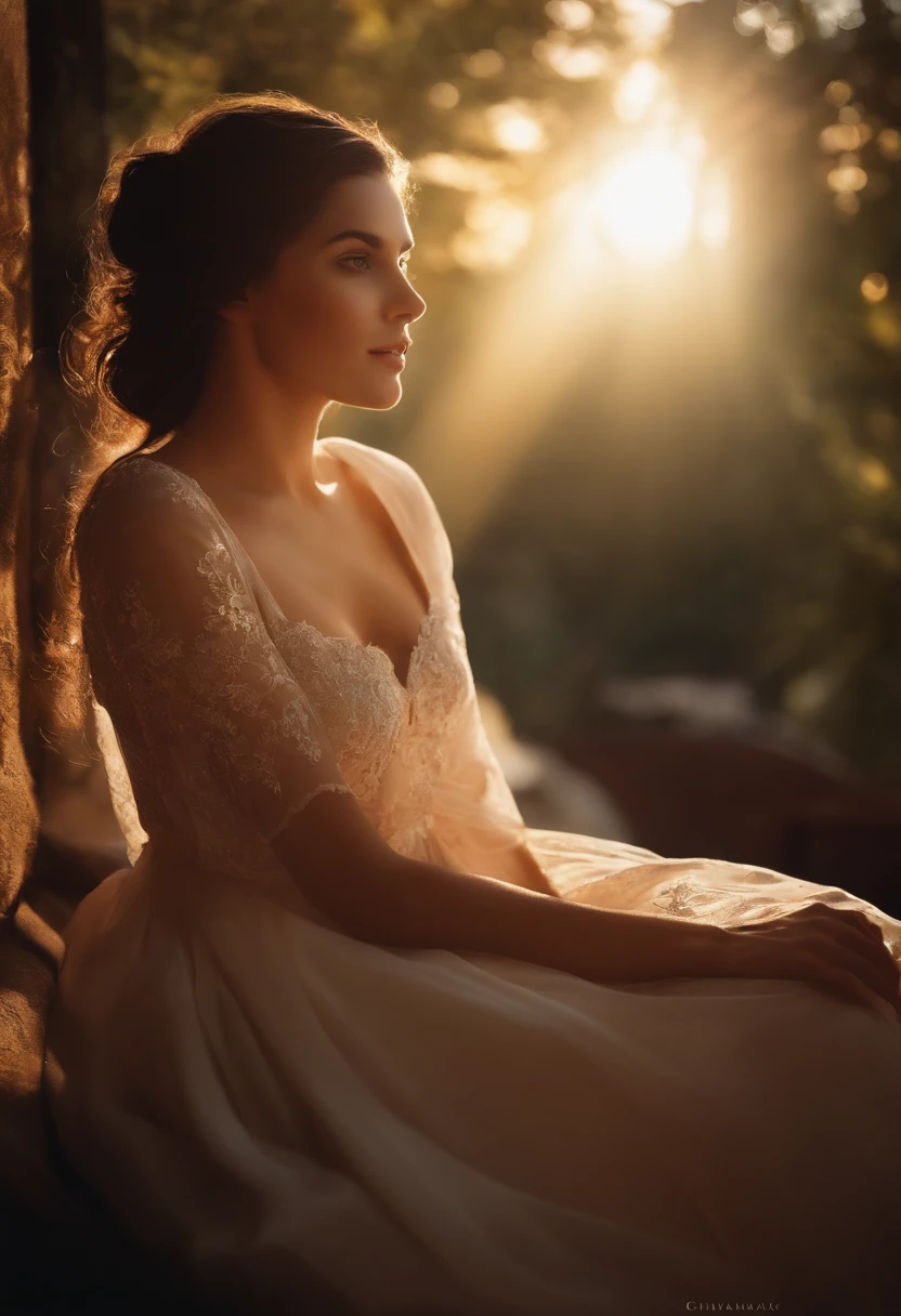 best quality, masterpiece, girl, Dark hair, dark eyes, home, sun shining, shiny skin, sun flare