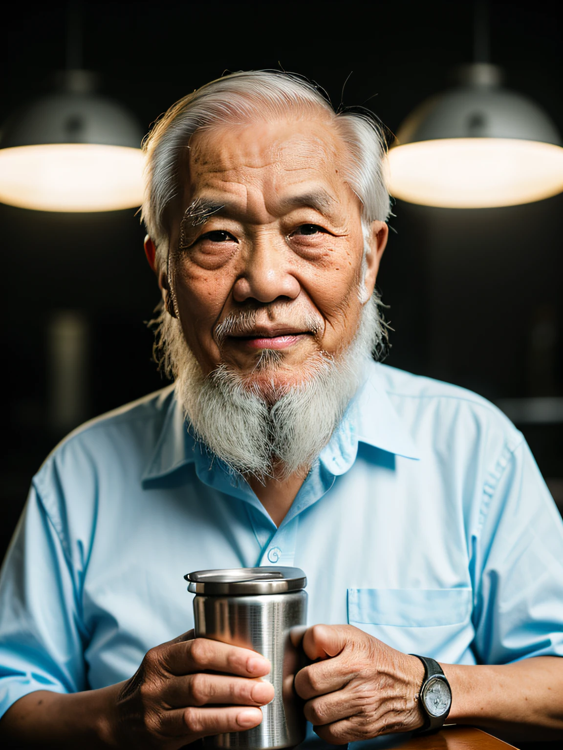 Hyper-Resolution, Ultra photo realsisim, cinema shot, An 80-year-old Asian father，Look at the viewer，Hold the thermos cup，Elderly father,Spiritual old man,Single image， Short white hair，White Viking beard,  Wide shoulders,  High focal length, Bust photo，Faraway view，Digital SLR, Dark Studio, rim lit, twotonelighting, Dimly lit, low tune, Backlight,