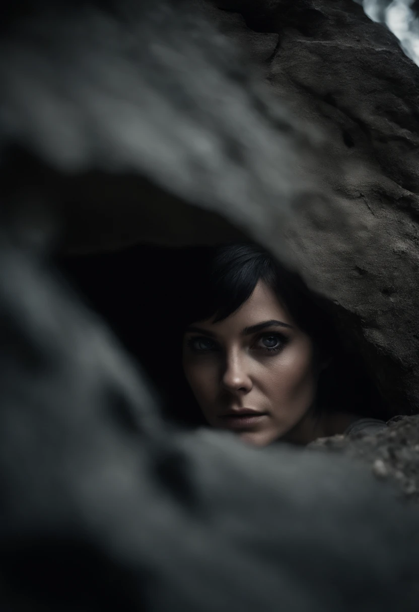 1girl, short black hair messy, black eyes, psycho look, gray haze around, peeking out upper body, dark cave, Ripped clothes, 16k
