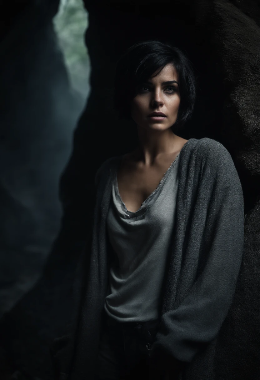 1girl, short black hair messy, black eyes, psycho look, gray haze around, peeking out upper body, dark cave, Ripped clothes, 16k