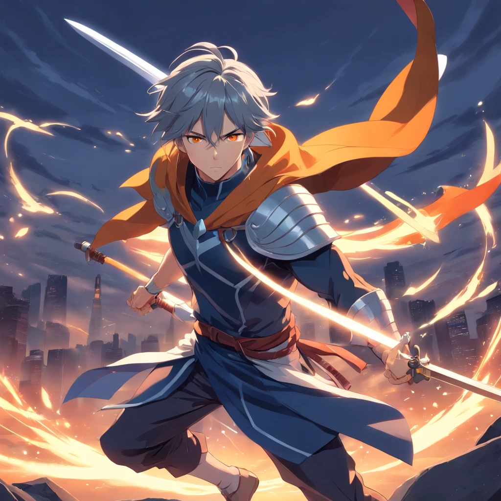 1 man, 17 years old, Muscular, 1.65 height, Long gray hair with white stripes, Orange eyes, Cape, epic armor, Dark clothes, Sword kills dragons
