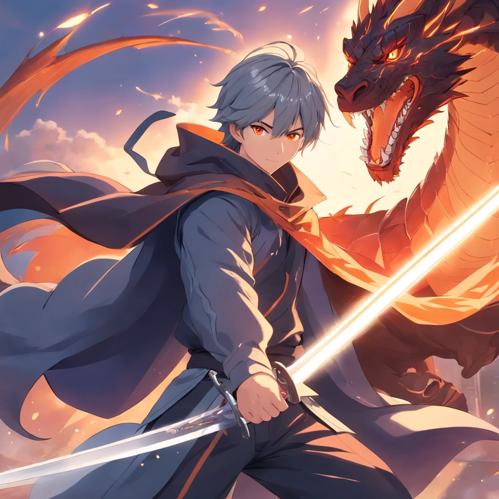 1 man, 17 years old, Muscular, 1.65 height, Long gray hair with white stripes, Orange eyes, Cape, epic armor, Dark clothes, Sword kills dragons