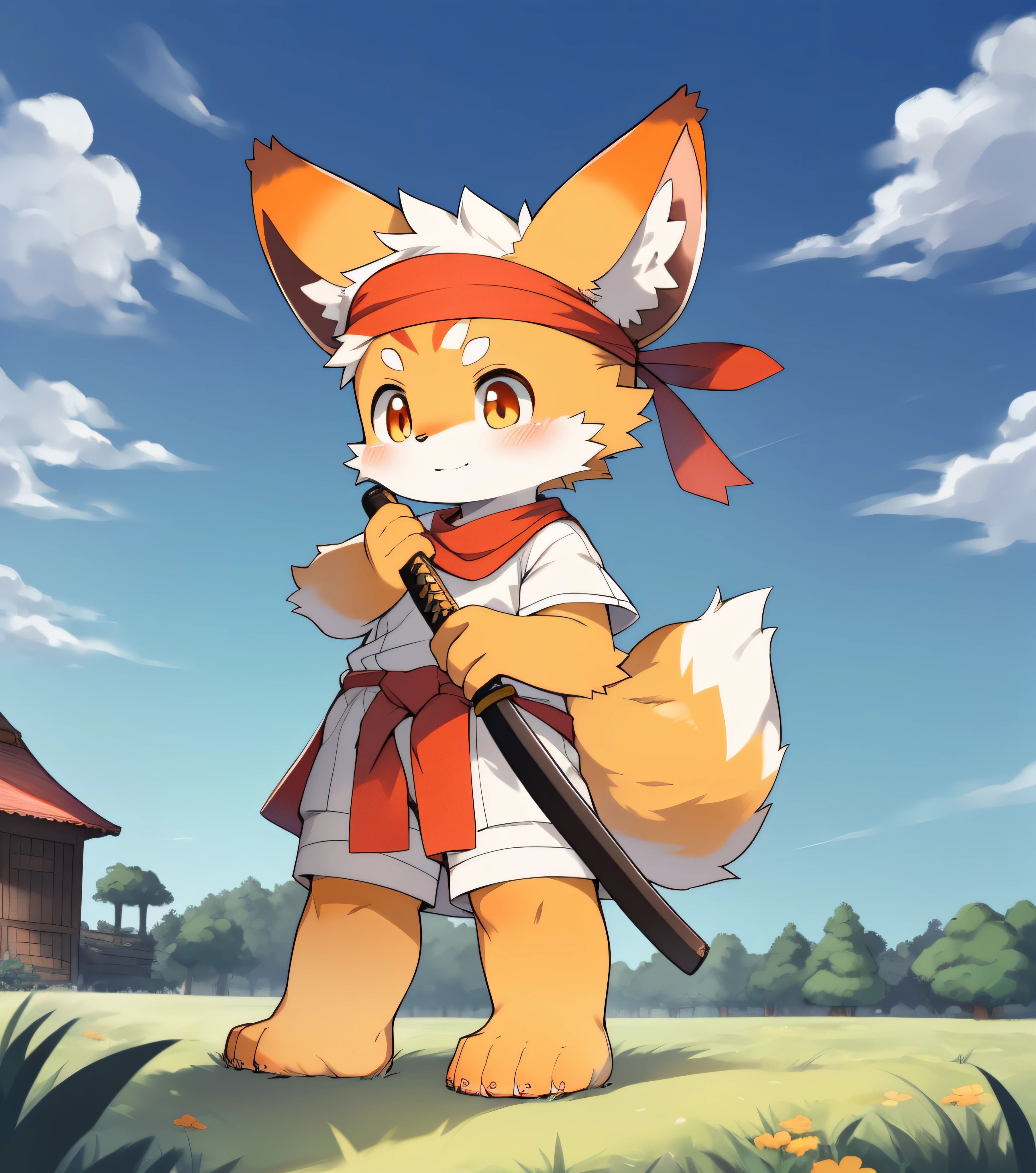 Orange fur，Orange fur，Orange skin，Beast too，Orc little boy，grassy fields，lawns，standing on your feet，attention，blue-sky，shaggy，shaggy，Orange fur，Orange fur，Orange fur，Orange fur，Orange hair，male people，canid，adolable，adolable，adolable，solo person，Detailed fur，Orange eyes，Thick eyebrows，Fluffy tail，white short sleeve，short white pants，ultra - detailed：1.0，Libido boy，toddlers，toddlers，toddlers，children，children's，Gamine，Beast too，Beast too，Beast too，adolable，adolable，Shota（Via Dagasi：1.1），anatomy correct，Barefoot，The barefoot，Barefoot，Barefoot，Barefoot，standing on your feet，attention，bald-headed，Cat feet，lawns，grassy fields，On the lawn，on a grassy field，Tread on the grass，Trampling on small grass，Tread on the grass，Trampling the meadow，Tread on the lawn，Trampling the lawn，bald-headed，balding，balding，Orange paws，Orange paws step on the grass，Orange paws on the grass，Orange paws，Trampled grass，Trampled grass，Stand on the lawn，standing in grassy field，Stand on the lawn，red waistband，komono，red headband，Blood，A child with a katana in his hand，Children with serious expressions，Very shiny orange fur，Wide and thick red headband