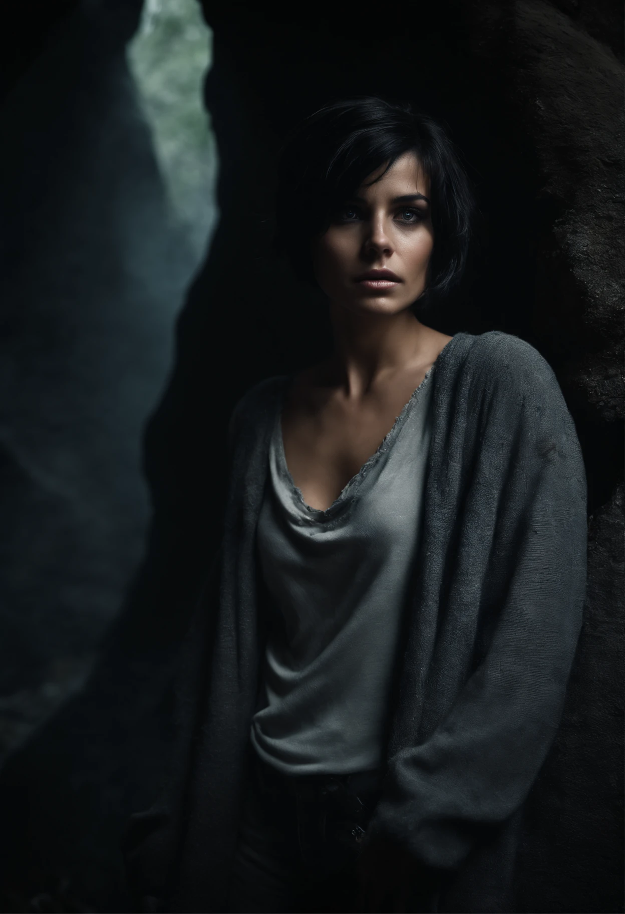 1girl, short black hair messy, black eyes, psycho look, gray haze around, peeking out upper body, dark cave, Ripped clothes, 16k