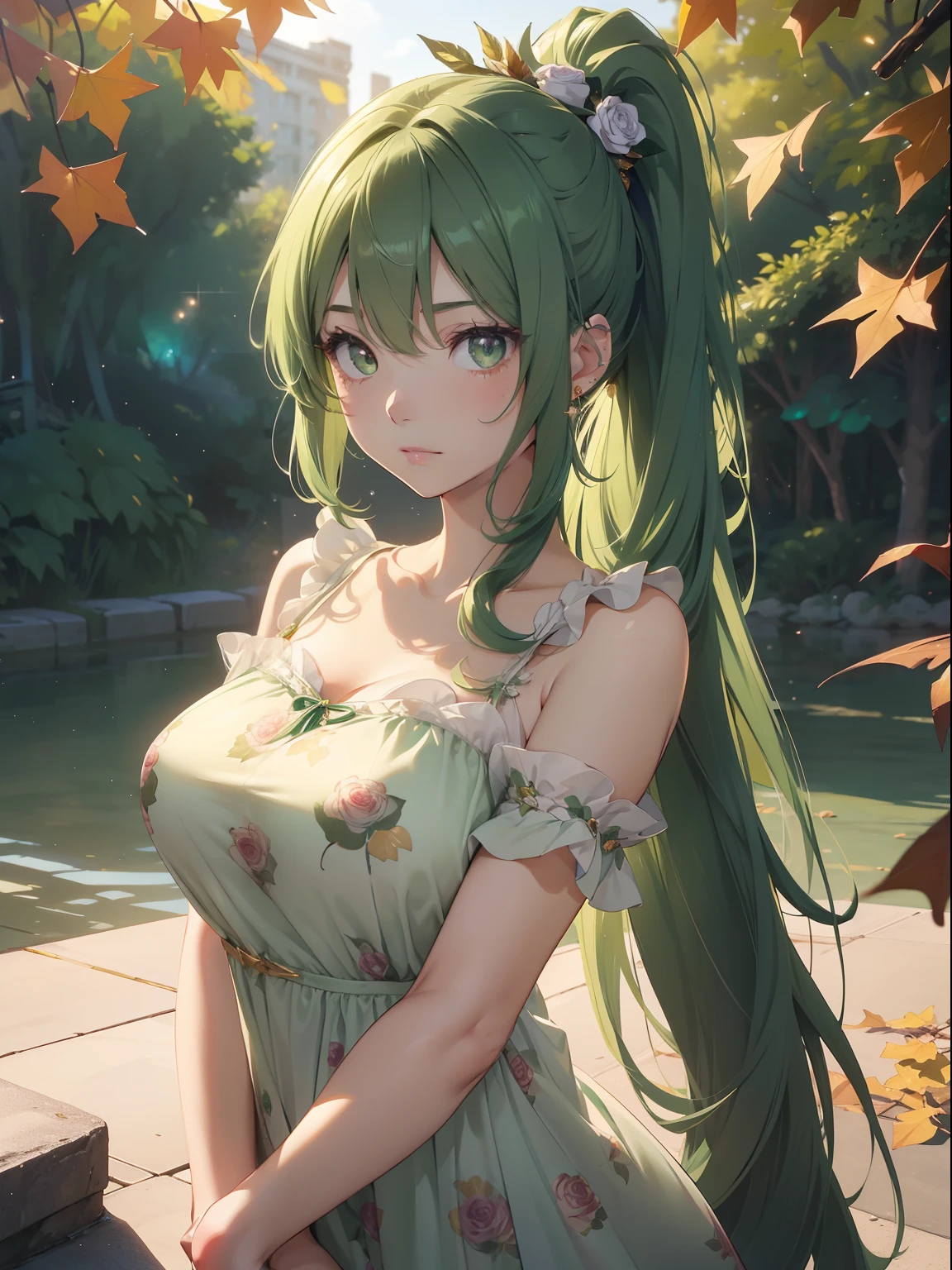 masterpiece, highest quality，highest quality，{{{1 girl}}}，alone，{{{Sanae Tofudani/Sanae Kochiya}}}，{{{frog hair ornament}}}，light green hair，long wavy hair，hair tube，green eyes(heart eyes)，blush，{{big chest room background、Only the upper body is visible、thin、full nude、courtship actions、beautiful breasts、close、A face in heat