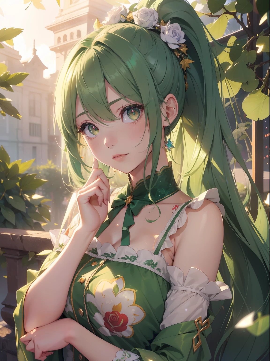 masutepiece, High resolution, 8K, anime woman, Delicate and detailed writing 、Detailed digital illustration、absurdly long hair、(((Ponytail)))、Shiny hair、a very beautiful woman、Eyes are double, Large,Little hanging eyes、 Bust E Cup、High image quality, High quality、Detailed background、The inside of the eye shines like a diamond、(((Dark green hair)))、Gradient pupil、(((2 arms、4 fingers, 1 thumb)))、Detailed female face、a very beautiful woman、、细致背景、masterpiece、Soft Focus , Bright gradient watercolor , Lens Flare , (((Glitter))) , Glow , Dreamy ,a miniskirt、Idol、Light Green Ribbon、Very beautiful light green rose hair accessories、Light green and gold costume with white as the main color、((Macroface))、(Cool Girl).Tall lady、Dignified.((No bangs))、(((Nightgown printed with red leaves)))、Beautiful fantastic night background、red leaves、ginkgo biloba