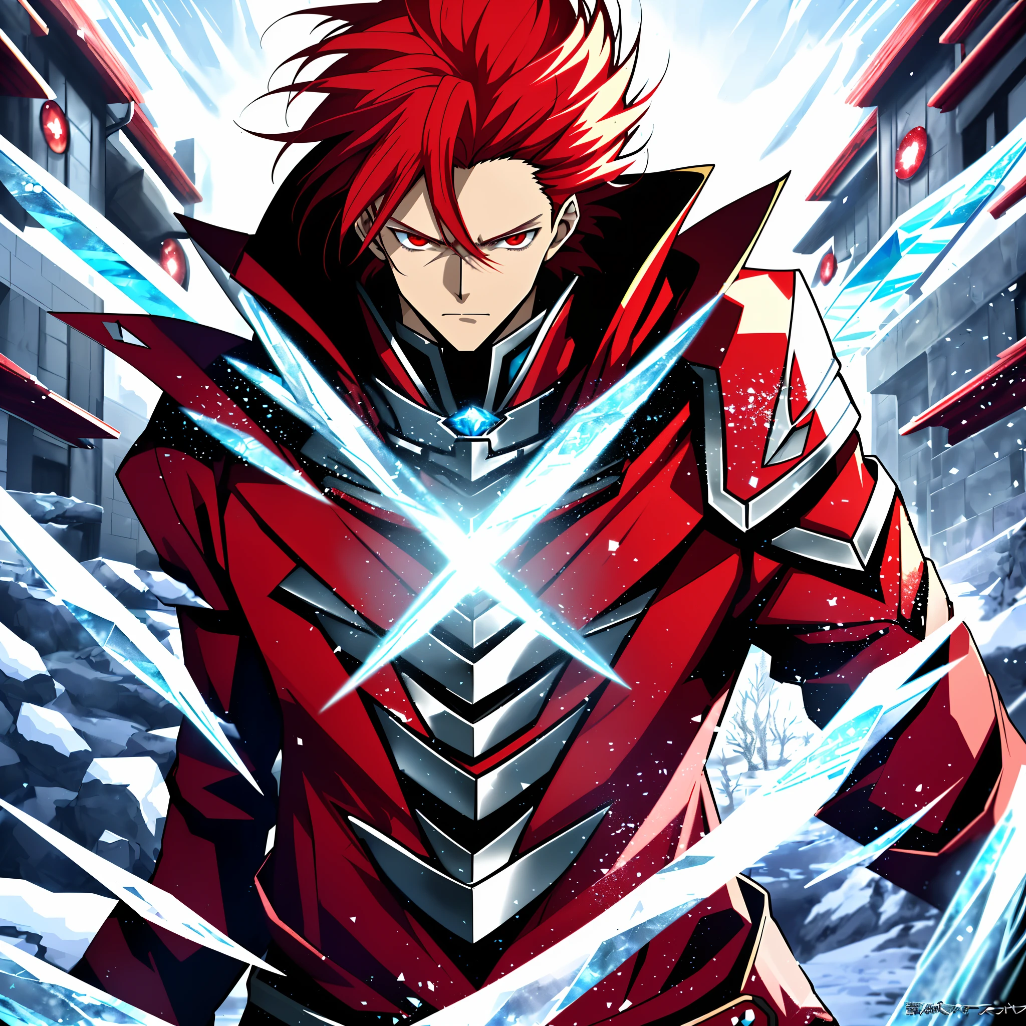 Anime characters with long red hair and red eyes in snowy landscapes, Ice Mage,Tall anime guy with red eyes, Key anime art, male anime character, Ice crystal armor, Detailed key anime art, full portrait of magical knight, Red coat, with ice powers