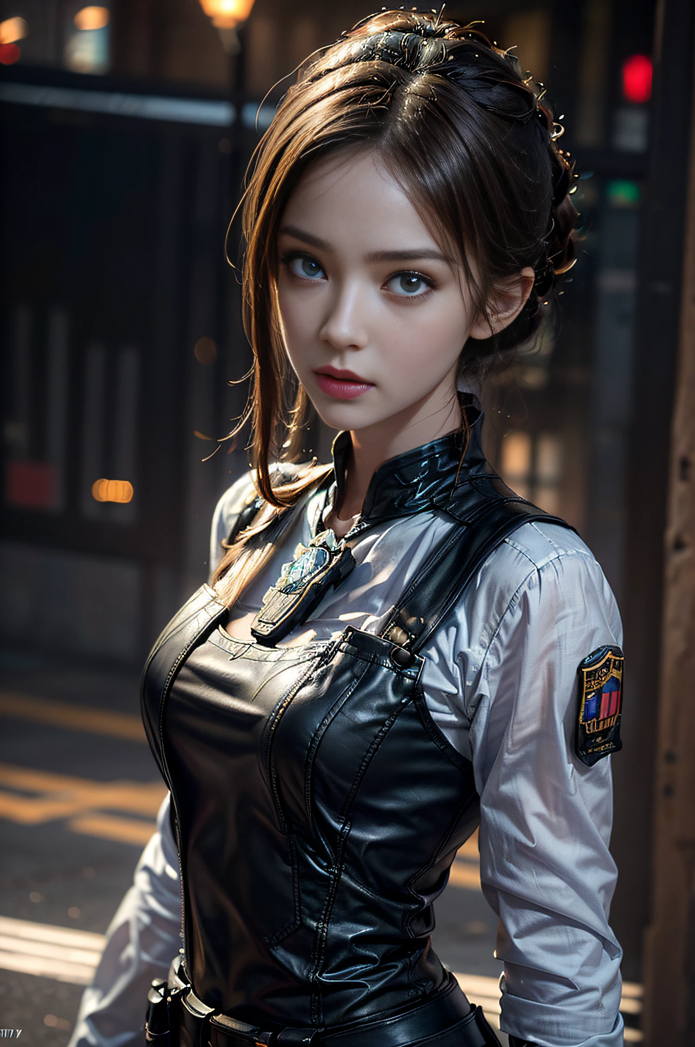 1girll, (Photorealistic)++, Beautiful lighting, masutepiece++, Best Quality++, Realistic, Upper body portrait、From  above、 realphoto, intricate detailes, depth of fields, 1 girl, Soldier girl brown trimmed hair、Sniper Rifle Handle, Red military uniform, bulletproof vest, Holding an assault rifle, M16, In the city at night, Very detailed, Perfect face, Blue eyes, Beautiful lips, Colossal tits、Toned buttocks、, Small waist, tall, Kpop Idol, FujifilmXT3, Spectacular professional photography：by Ed Blinkey, Atey Ghailan, by Ghibli Studios, Authors：Jeremy Mann, Greg Manchess, Antonio Moro, trending on artstationh, Trending on CGSociety, Convoluted , high detailing , Sharp Focus, Impressive, Mid-Journey and Realist Art by Greg Rutkowski, Original image, 8K UHD