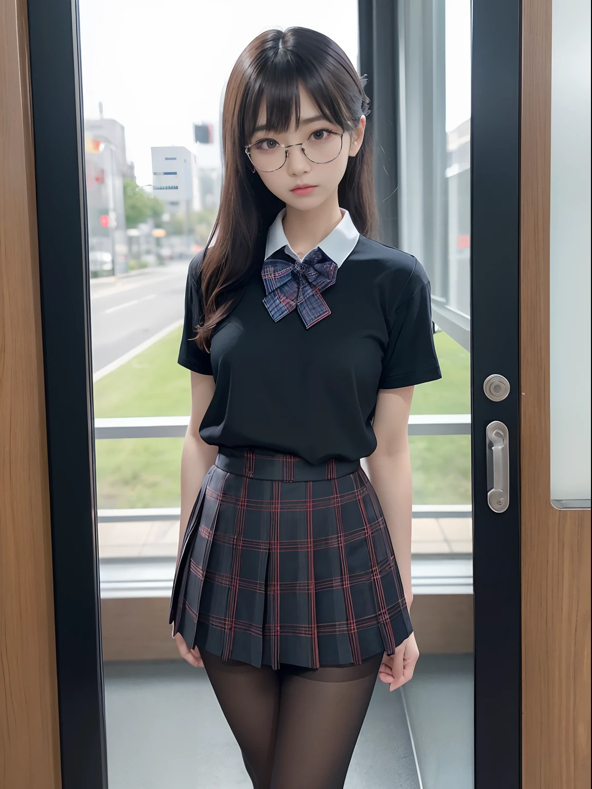 (Long ponytail),(8K、Raw photography、top-quality、masterpiece:1.2),is standing,pigeon chest,glamor,Chromo-white skin,cocky,School,watching at viewers,Looking at the front,Muchimuchi,High-pitched clothing,Erotic,Pupils,de pele branca,kne,absurderes,a small face,,Forehead visible,Bangs hanging from the left and right sides of the forehead,(a cold expression,Tight eyes,glares,Bullish,irate)、masterpiece,top-quality、超A high resolution,Raw photo,ren,Beautiful fece,One Person, 独奏,eye glass,,Dark look,Small breasts,fullllbody,Round glasses,JK school uniform,hi-school girl,A Japanese Lady,Open the crotch fully open,Open the legs in an M-shape,(Photorealsitic:1.37)、Photon mapping,Realistic、Beautie,Cute little face,Brown-eyed、Black socks、(Red bow tie)、Radio City、Physically Based Rendering、depth of fields、Blurry background、a picture,Body,beauty legs, Long legs, Thin leg,(Bangs are visible), hair, s lips, Blue_The eye, nosesoft,(Light blue shirt), (Navy and blue and white plaid pleated skirt), Knees are visible,Sheer clothing,, Thigh, Black cotton socks,Nogizaka Idol, 女優, Japanese ido
