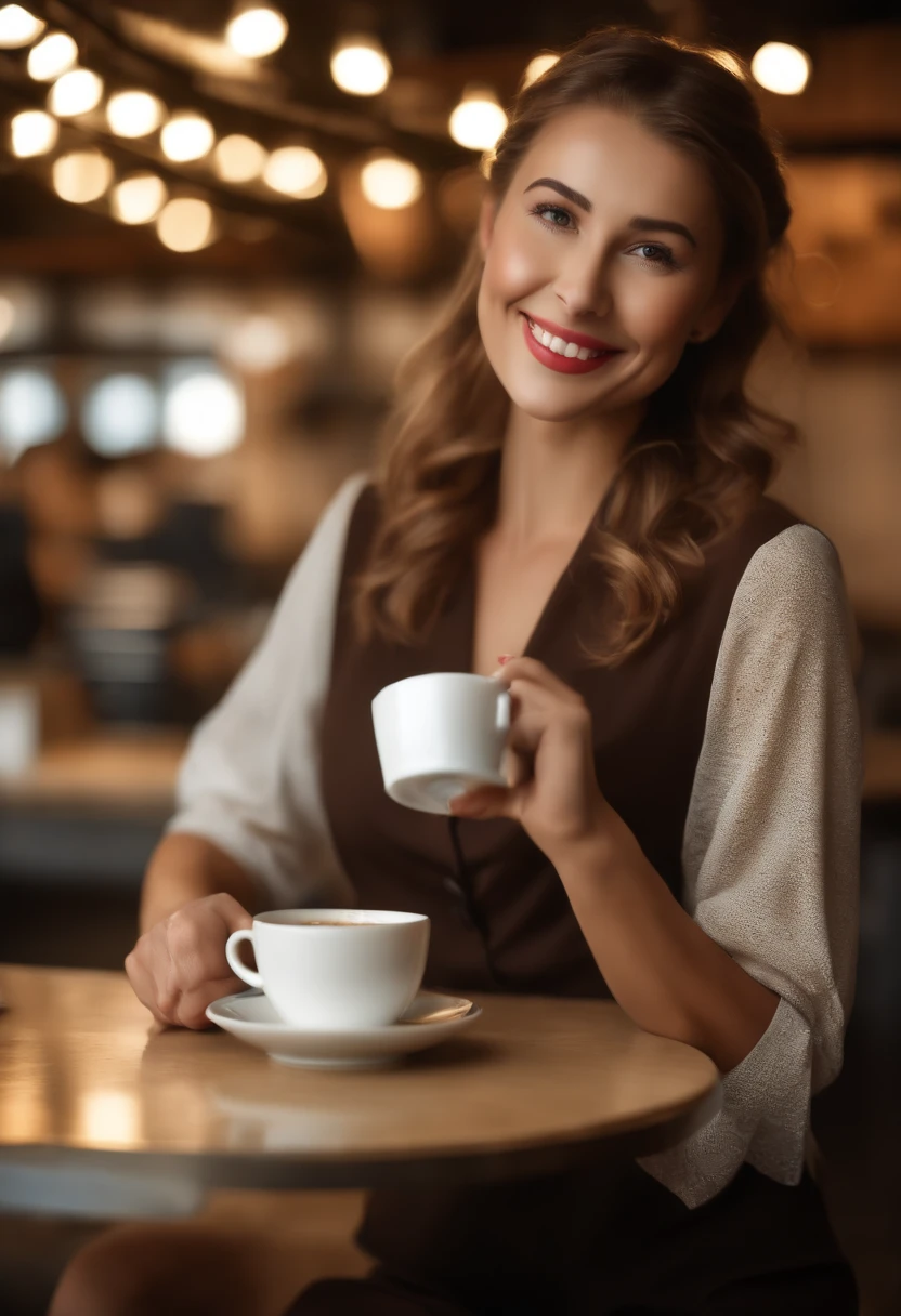 (fotorealistisch: 1.4), (best qulaity: 1.0), (Ultra-High-Res: 1.0), 8K, Foto RAW, (Meisterwerk: 0.2), 1girls, beautiful skin, Detaillierter Skin, Smileing, sitzend, upper body, (office lady :1.5, coffee shop:1.5)