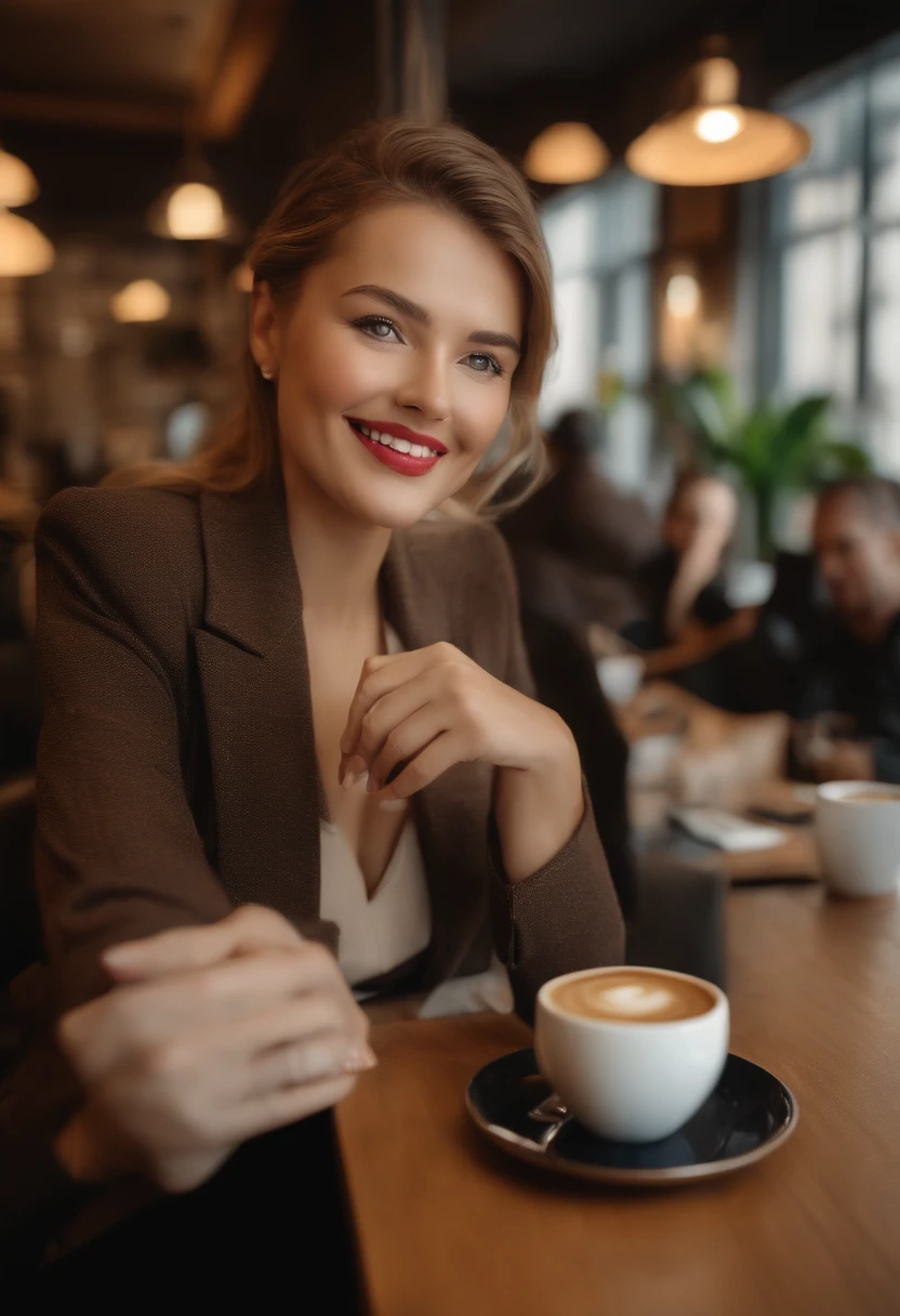 (fotorealistisch: 1.4), (best qulaity: 1.0), (Ultra-High-Res: 1.0), 8K, Foto RAW, (Meisterwerk: 0.2), 1girls, beautiful skin, Detaillierter Skin, Smileing, sitzend, upper body, (office lady :1.5, coffee shop:1.5)