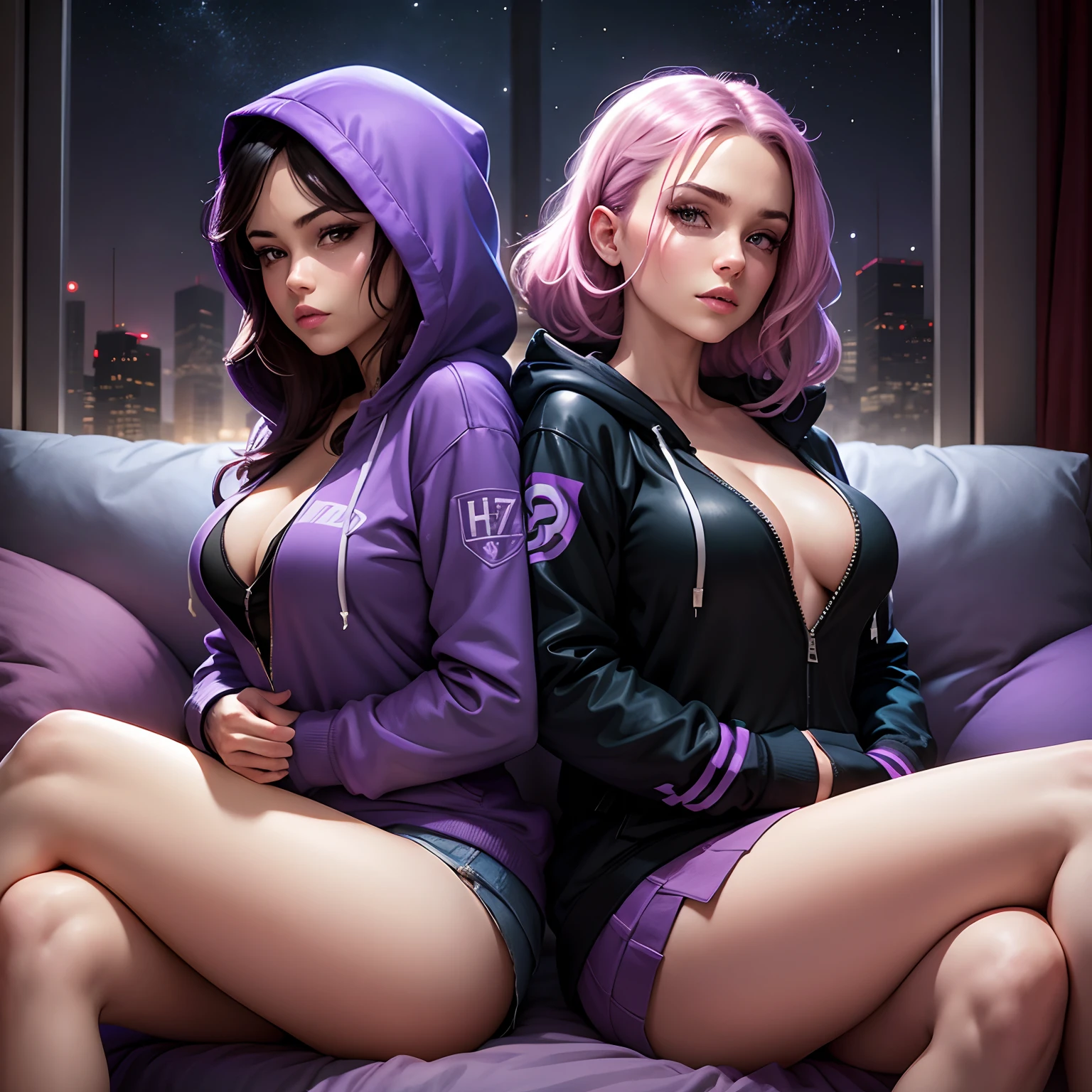 graphic novel style, houston texas, night time, sitting, pillow, purple smoke, two beautiful crime fighting models, back to back, wearing unzipped open hoodies, short skirts