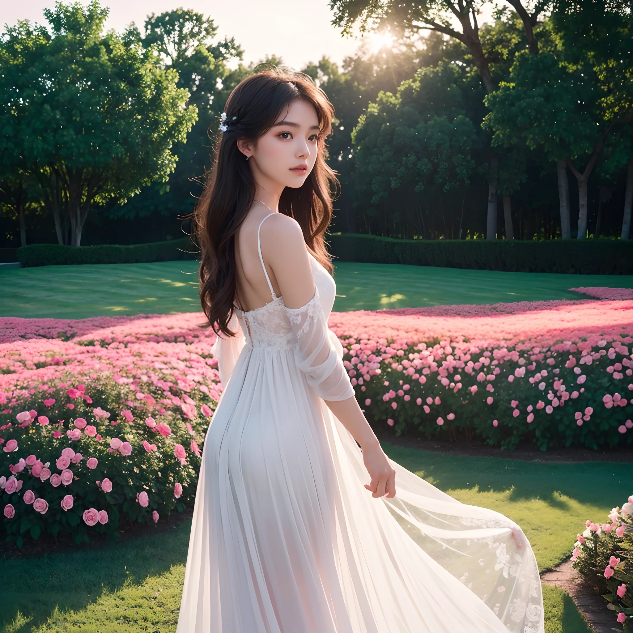 A breathtakingly beautiful woman stands in a blooming rose garden, Wear a beautiful dress made entirely of delicate flowers. Her long hair ran down her back，Form gentle waves, Sketch her angelic face，Add to her ethereal look。。. The roses in her dress were perfectly arranged, Create a gradient effect that matches the pastel tones of the sunset sky in the background. The woman's serene expression and elegant posture exude a sense of calm and peace, It was as if she was one with nature. The atmosphere is magical and charming, With excellent quality，Transports the viewer to a world full of wonder and beauty. The lighting is warm and soft, Cast a soft glow in the scene，The woman's flawless skin tone and intricate details of the dress stand out. The overall effect is pure charm，Ethereal beauty, Let the audience be attracted by the magnificence of the scene.