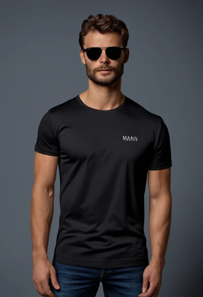 (Mann security T-Shirt), (Auf dem Tshirt steht der Spruch : Aber Mijo hat gesagt), (langer Bart tragen,) Attractive and serious appearance, dunkel braunes Haar, Stilvoll und elegant, shaved and strong body T-shirt, Man similar to actor Jamie Dornan, (High quality and realistic image), im Hintergrund Skandinavische Wohnung mit blauer Wandfarbe, ((best quality, 8K, Meisterwerk).