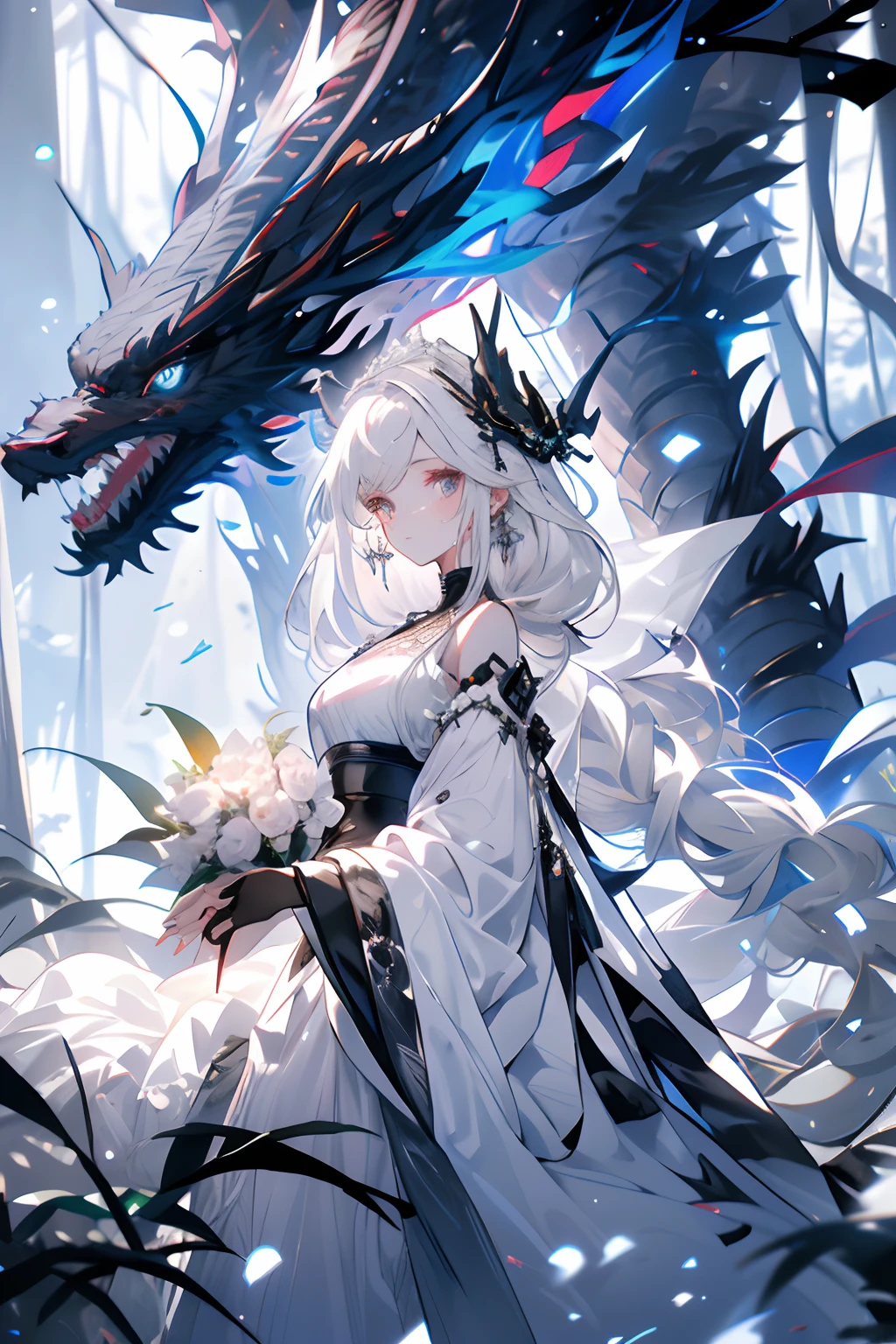 Exquisite facial features，Girl in Western style white wedding dress，glazed eyes，Delicate hat and silver earrings，cabelos preto e longos，light snowing，Tree branches，Forest Backglue，adolable、With the Black Dragon、Black Dragon Bride