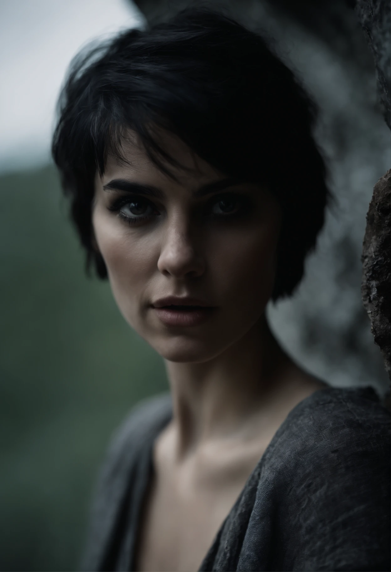 1girl, short black hair messy, black eyes, psycho look, gray haze around, peeking out upper body, dark cave, Ripped clothes, 16k