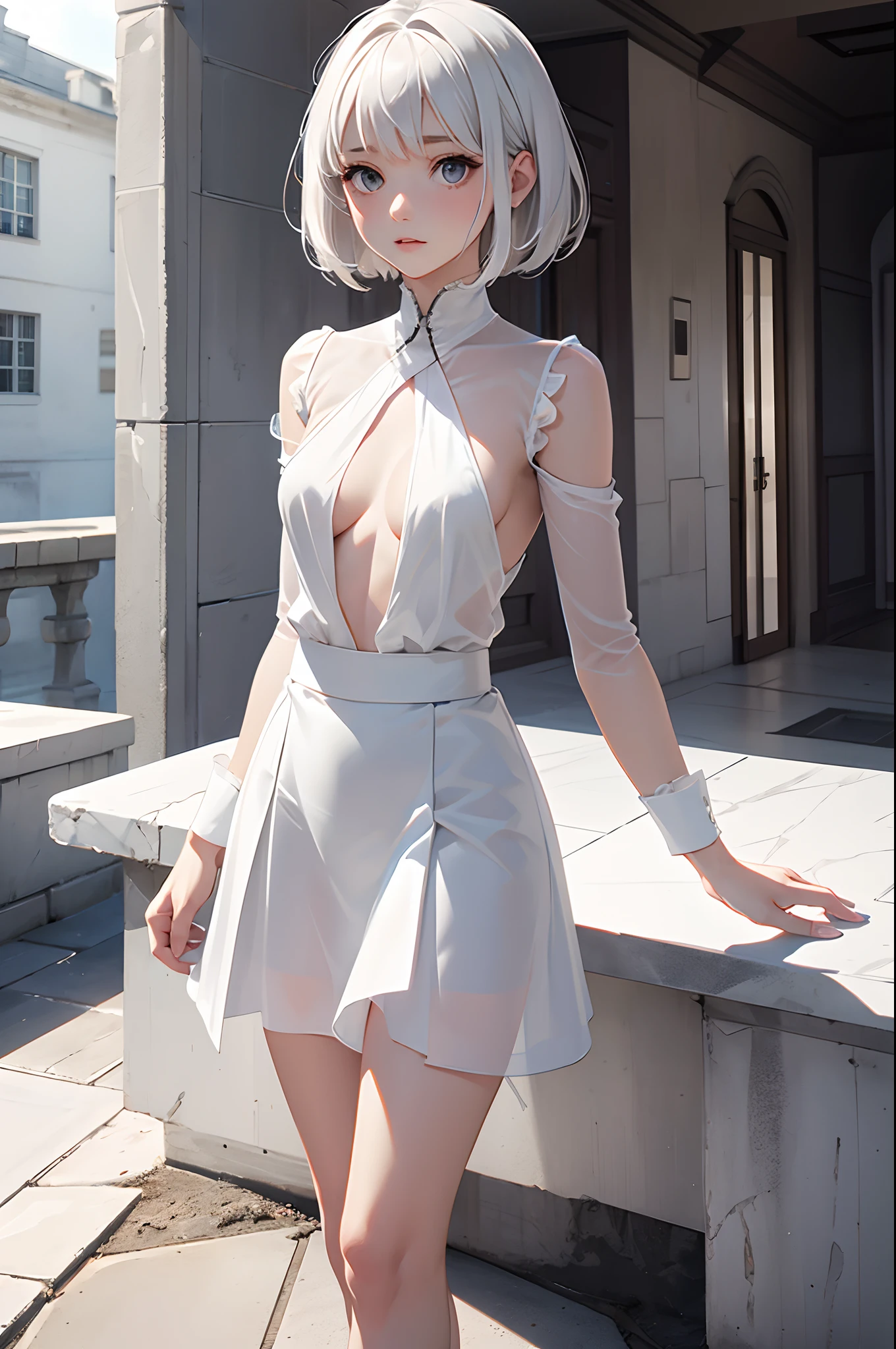 white-haired girl, gray eyes, petite, short hair, wearing translucent white skirt, small breasts, stone room