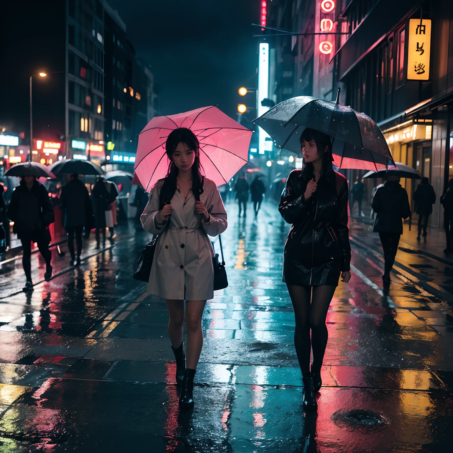 a girl in a rainy city, holding an umbrella, her clothes drenched, water dripping from her hair, her face showing a mix of determination and sadness, the city streets wet and glistening, reflecting the neon lights, the sound of raindrops hitting the ground, the vibrant colors of the umbrellas of passersby, capturing the moment of vulnerability and strength

(material: oil painting), (best quality, highres:1.2), ultra-detailed, (realistic:1.37), vivid colors, portraits, moody atmosphere, cityscape, rainy day, wet streets, neon lights, determination, vulnerability, strength