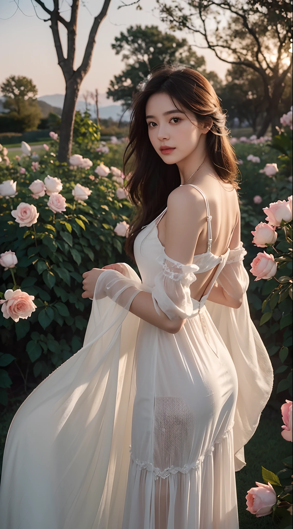 A breathtakingly beautiful woman standing in a blooming rose garden, Wear a beautiful dress made entirely of delicate flowers. Her long hair ran down her back，Form gentle waves, Sketch her angelic face，Add to her ethereal look。。。. The roses in her dress were perfectly arranged, Create a gradient effect that matches the pastel tones of the sunset sky in the background. The woman's serene expression and elegant posture exude a sense of calm and peace, It was as if she was one with nature. The atmosphere is magical and charming, With excellent quality，Transports the viewer to a world full of wonder and beauty. The lighting is warm and soft, Cast a soft glow in the scene，The woman's flawless skin tone and the intricate details of the dress stand out. The overall effect is pure charm，Ethereal beauty, Let the audience be attracted by the magnificence of the scene.