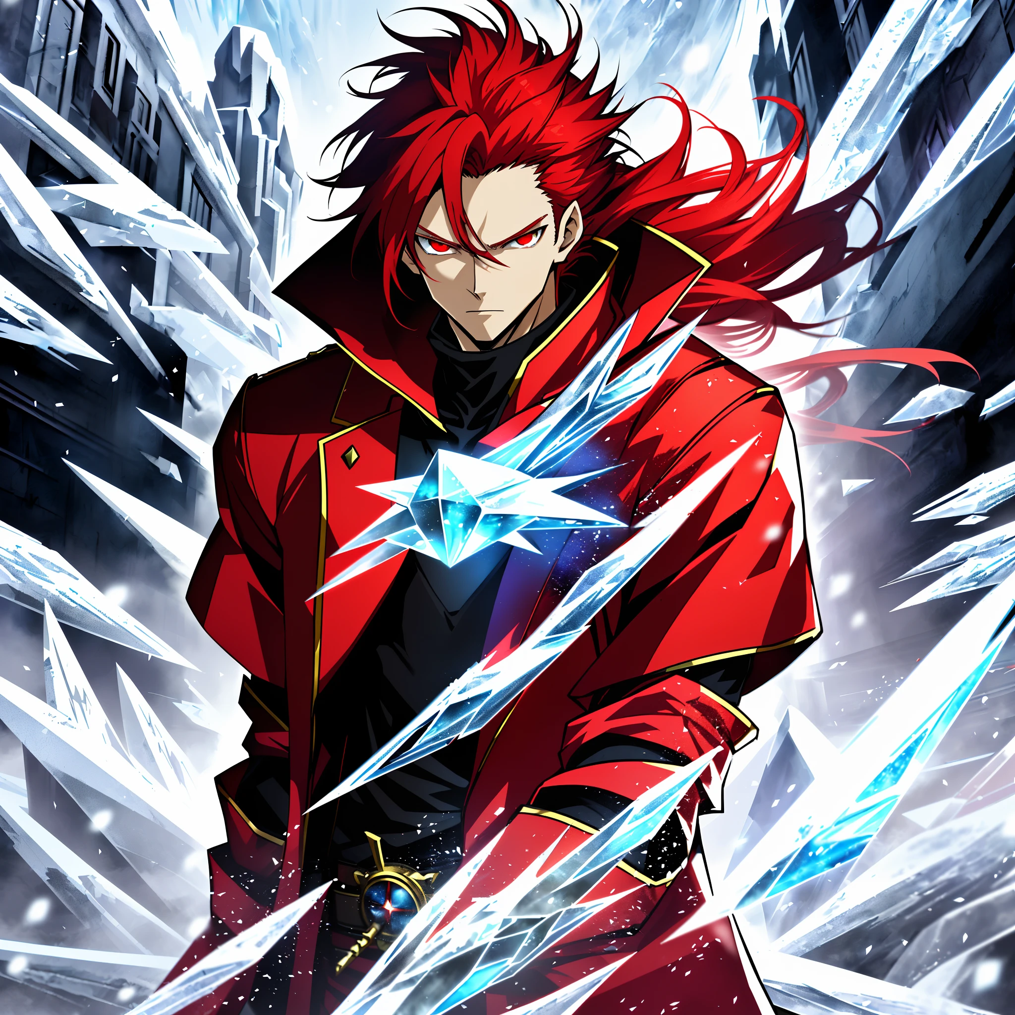 Anime characters with long red hair and red eyes in snowy landscapes, Ice Mage,Tall anime guy with red eyes, Key anime art, male anime character, Ice crystal armor, Detailed key anime art, full portrait of magical knight, Red coat, with ice powers