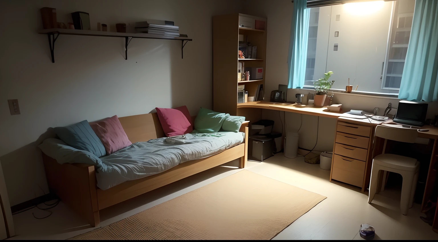 Night,a room,There is a TV,Sofa available,desk work,The room is dark,Small room,Messy,Closet available,studio,it is night,Cup noodles on the desk,