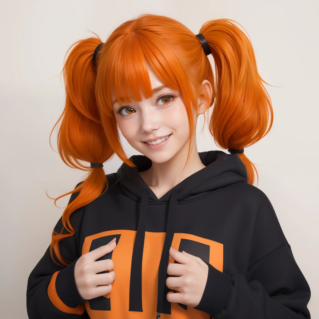 masterpiece, best quality, highly detailed,1girl, multicolored sweatshirt, orange hair, covering mouth, wispy bangs, shy smile, messy hair, twintails, big breasts