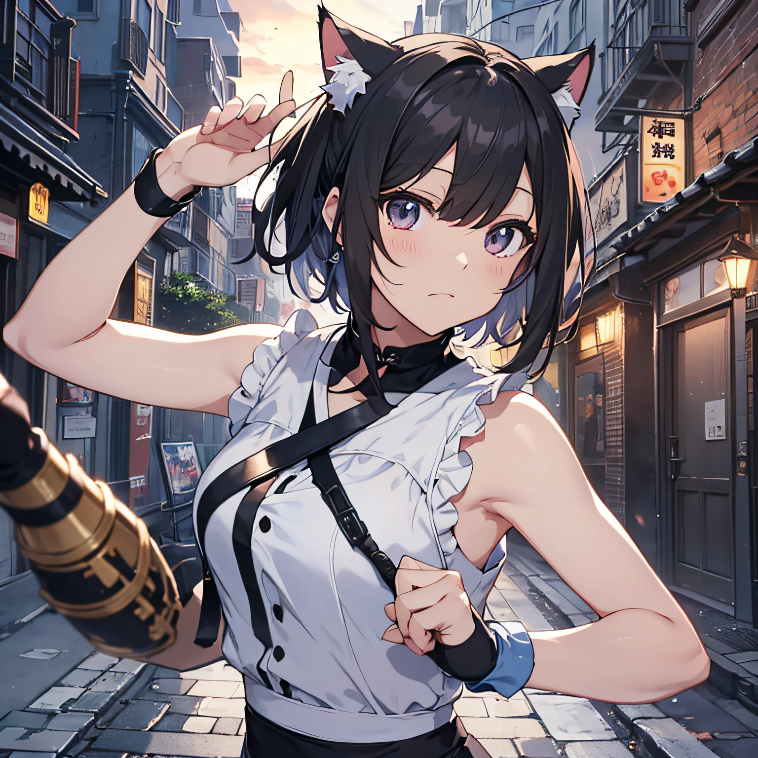 (The highest quality、8K、masutepiece)) ((( White atelier sleeveless))) (((Black short hair )))++ cat ear, Anime characters with black hair and dark eyes、anime visual of a young woman、Serious facial expressions, serious look, today's featured anime still、Official Art、Animated videos of cute girls、Popular Isekai anime、animated film、During the night Moonlit night, Outdoor background, Martial Arts Moves, Athletic pose