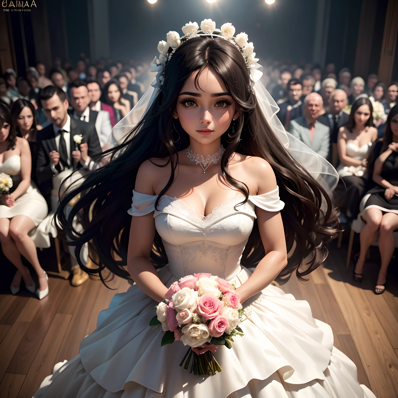 Ultra Hd, melhor qualidade, imagem inteira, imagem em uma festa de casamento, mulher, cabelo preto, pele branca, com um vestido de noiva branco, Holding a bouquet of roses in your hands.