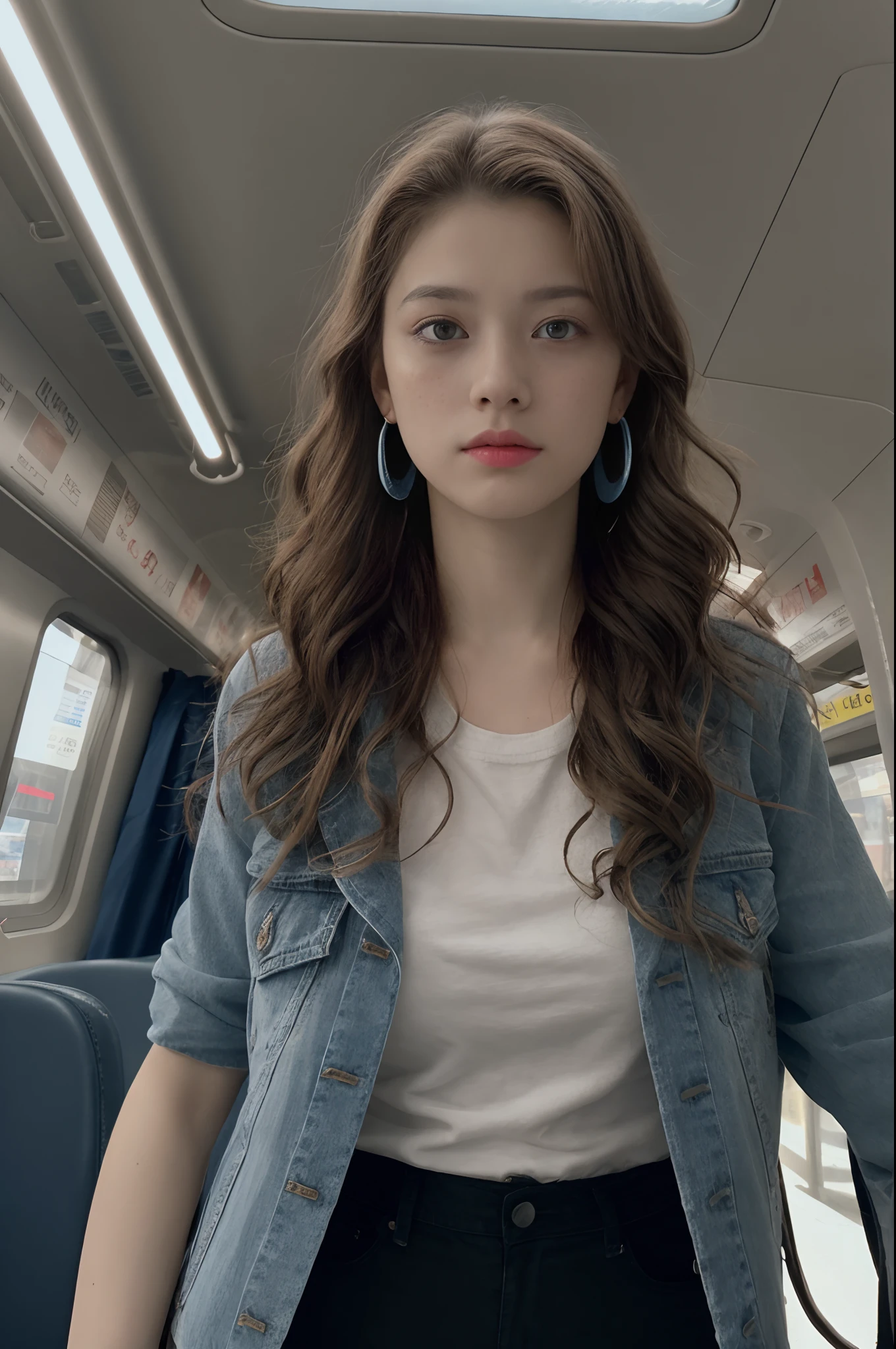 ((Pre-teen)), beautiful girl, freckles on her face, light blue eyes, big earrings, white t-shirt, jacket, black Leggings, full body, shot from below, very light skin, very long hair, wavy hair, red hair , busy subway car, photorealistic, Indirect lighting, volumetric light, ray tracing, hyper-detailed, best quality, ultra-high resolution, HDR, 8k