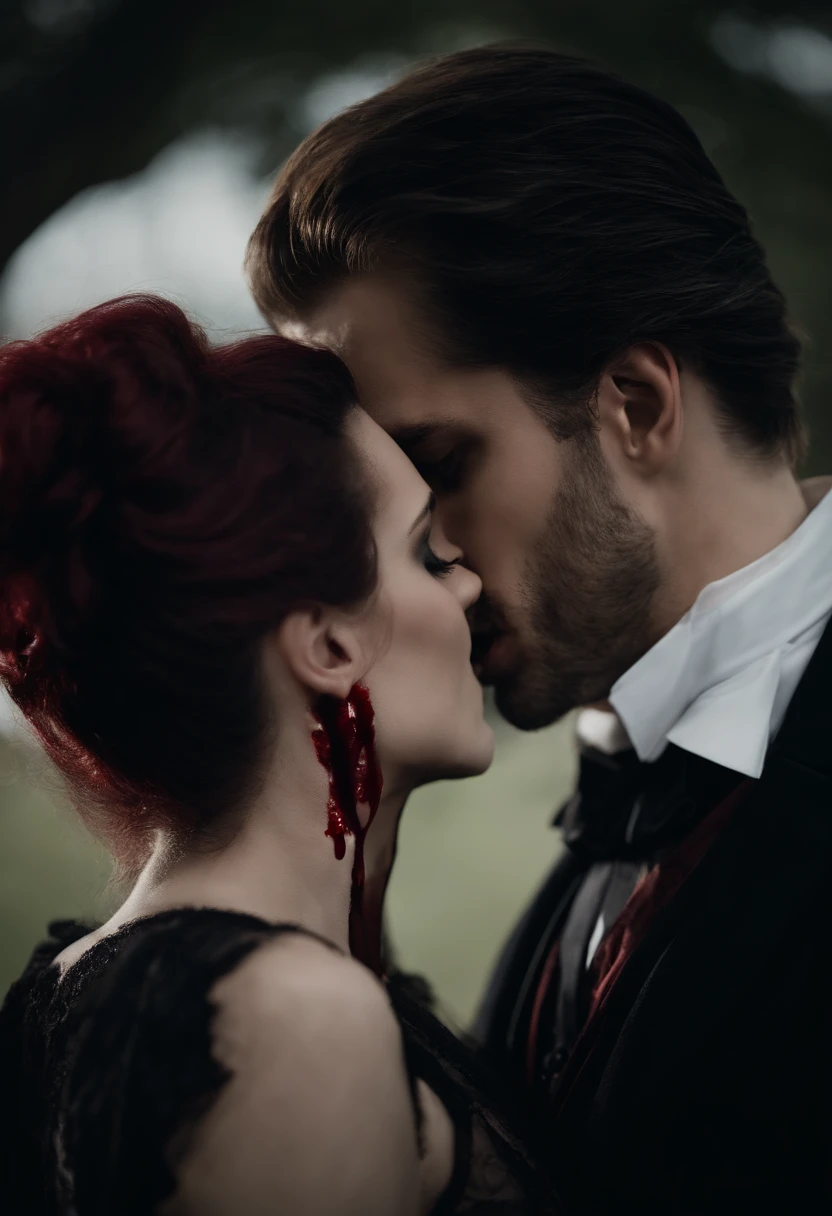 a vampire handsome man biting a goth girl's neck, dark red blood dripping, focus on neck and vampire teeth