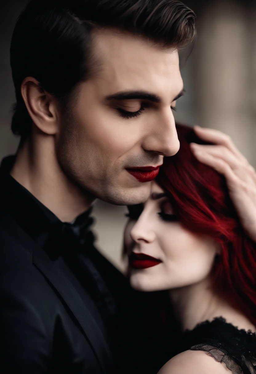 a vampire handsome man biting a goth girl's neck, dark red blood dripping, focus on neck and vampire teeth
