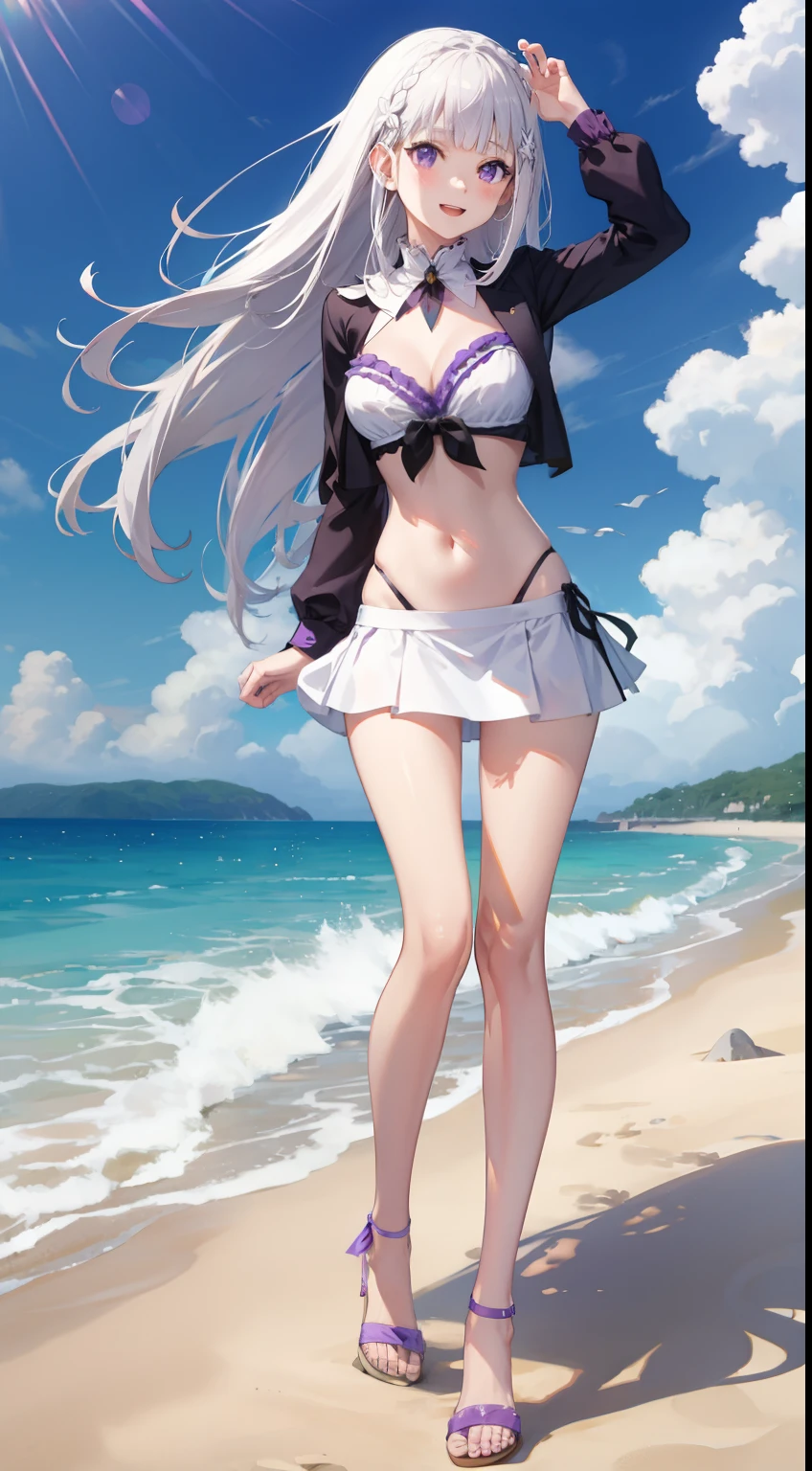 ((Best Quality)), (Ultra-detailed), ((Extremely detailed)), (Beautiful), ((Kawaii Girl)),(two side up hair).,Platinum Blonde Hair,Long hair, hair between eye, Wavy Hair, Long sideburns,Jade-colored eyes, White skin,Normal Chest,Slender body,Cross Halter Bikini,Sandals,Sitting,in beach,Look Camera,One girl,One Woman,Anime