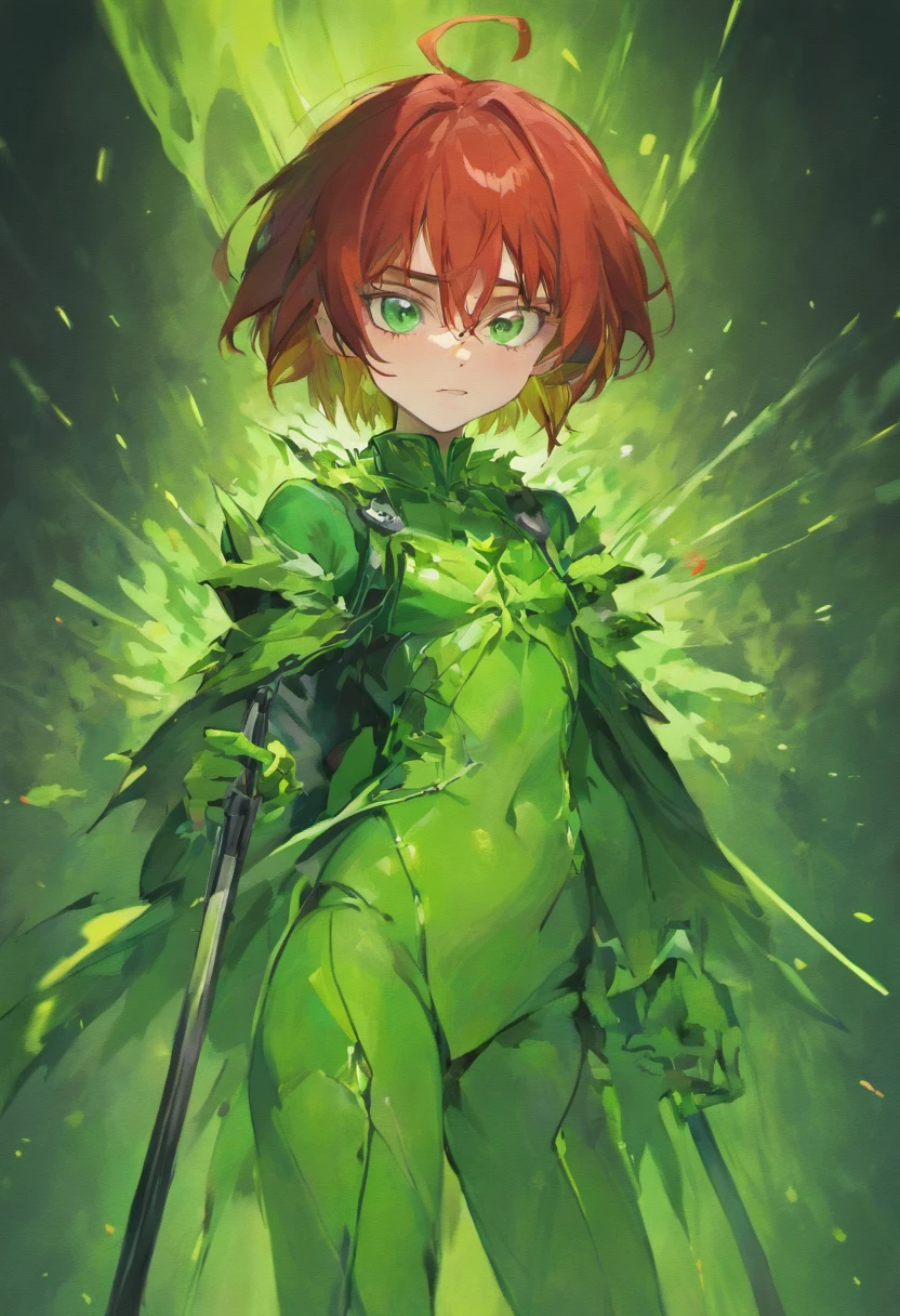 Red hair, blue eyes, green skin, goblin, pointy ears, bloody, smirk, fantasy, hero, sword