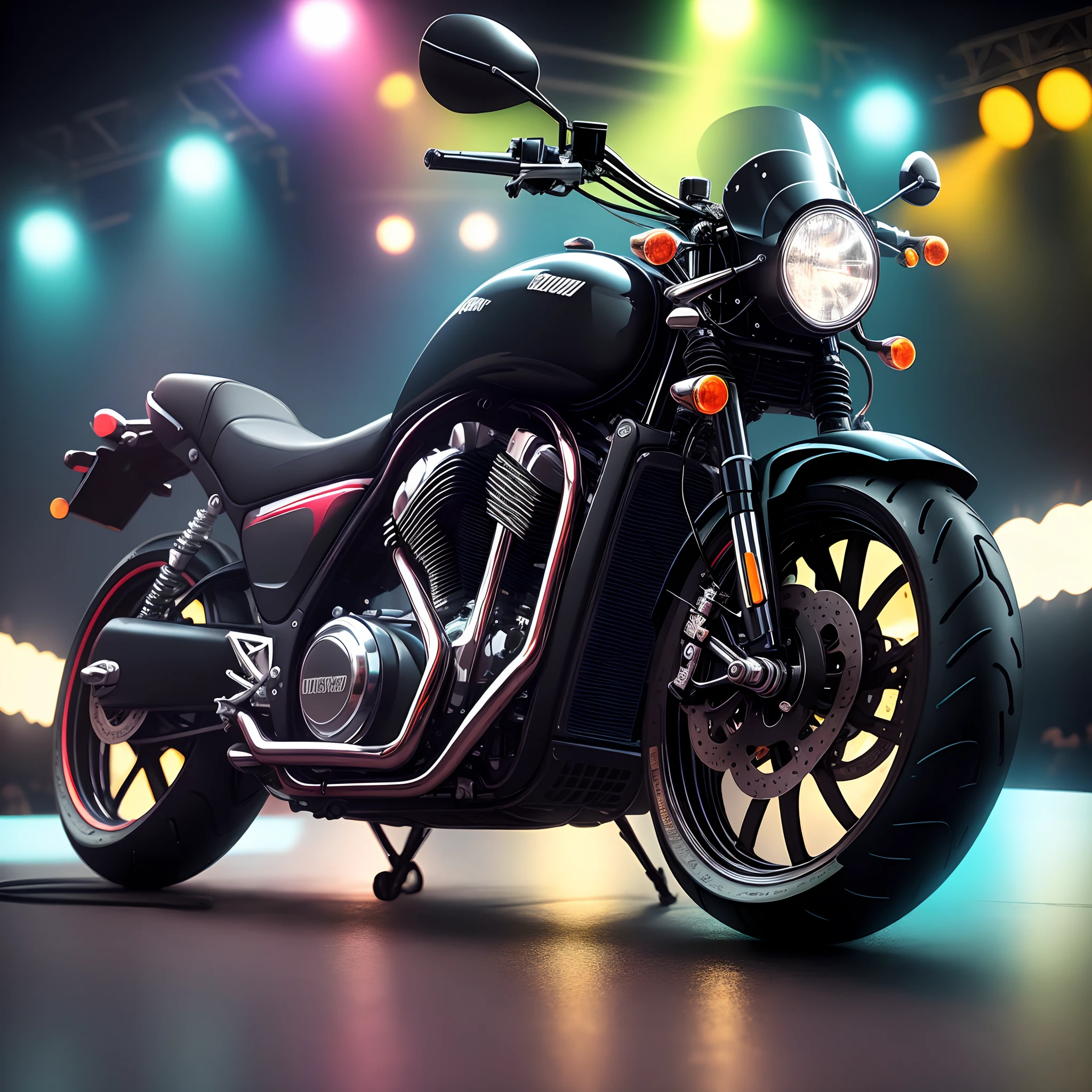 A motor cycle parked in a stage with focus lights on and neon lights around.