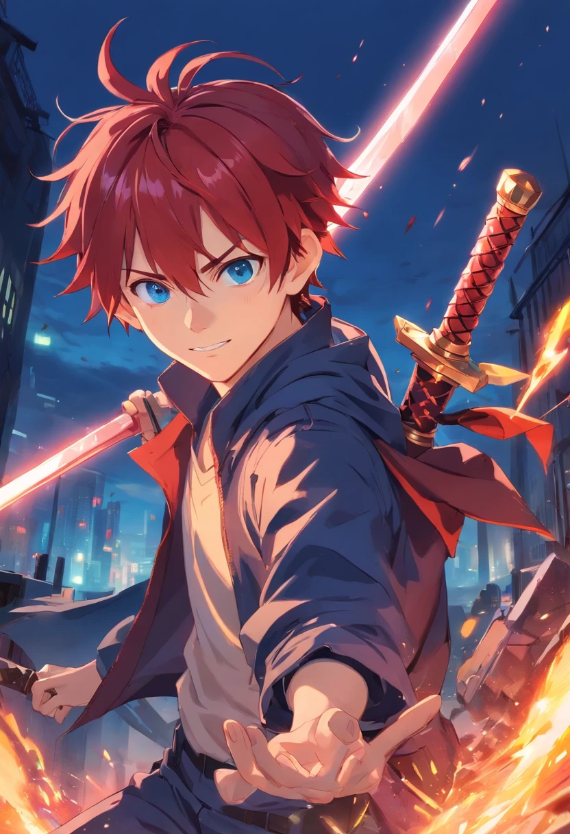 1 boy, battlefield, Red hair, blue eyes, goblin, pointy ears, bloody, smirk, fantasy, hero, sword