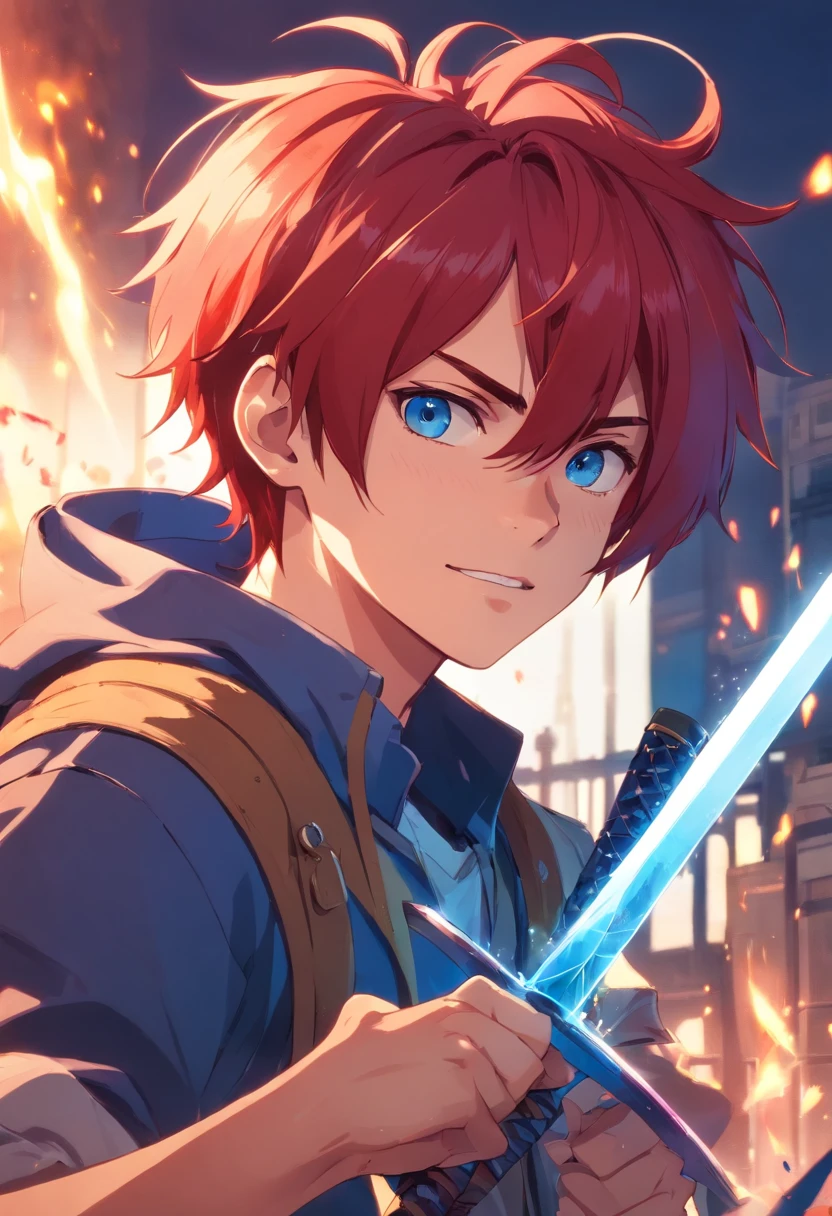 1 boy, battlefield, Red hair, blue eyes, goblin, pointy ears, bloody, smirk, fantasy, hero, sword