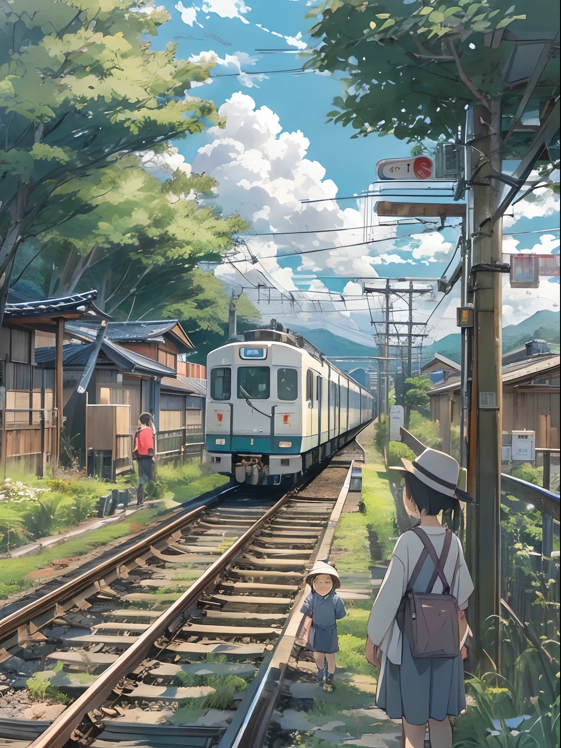 Chubu Japan Railway、Japan countryside、Cinematic scenery、Ghibli、during daytime、Clouds、children、masutepiece,Best Quality,Sketch style、