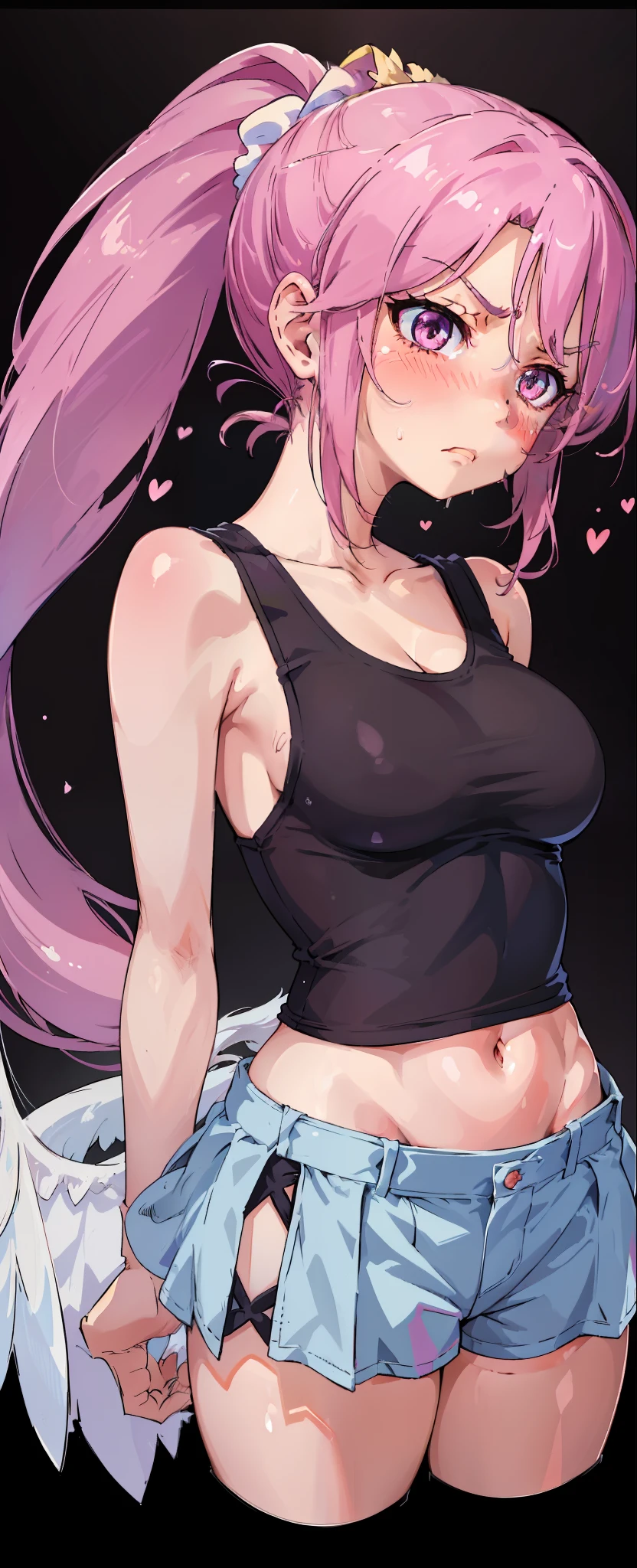 Jibril, (standing), blushed, perfect anatomy, detailed eyes, detailed lips, extremely detailed eyes and face, vivid colors, sharp focus, masterpiece:1.2, ultra-detailed, blushed, ((doggystyle)), (solo), ((cropped tank top)), sleeveless, ((((ponytail)))), (((disdain, disgust))), angel,