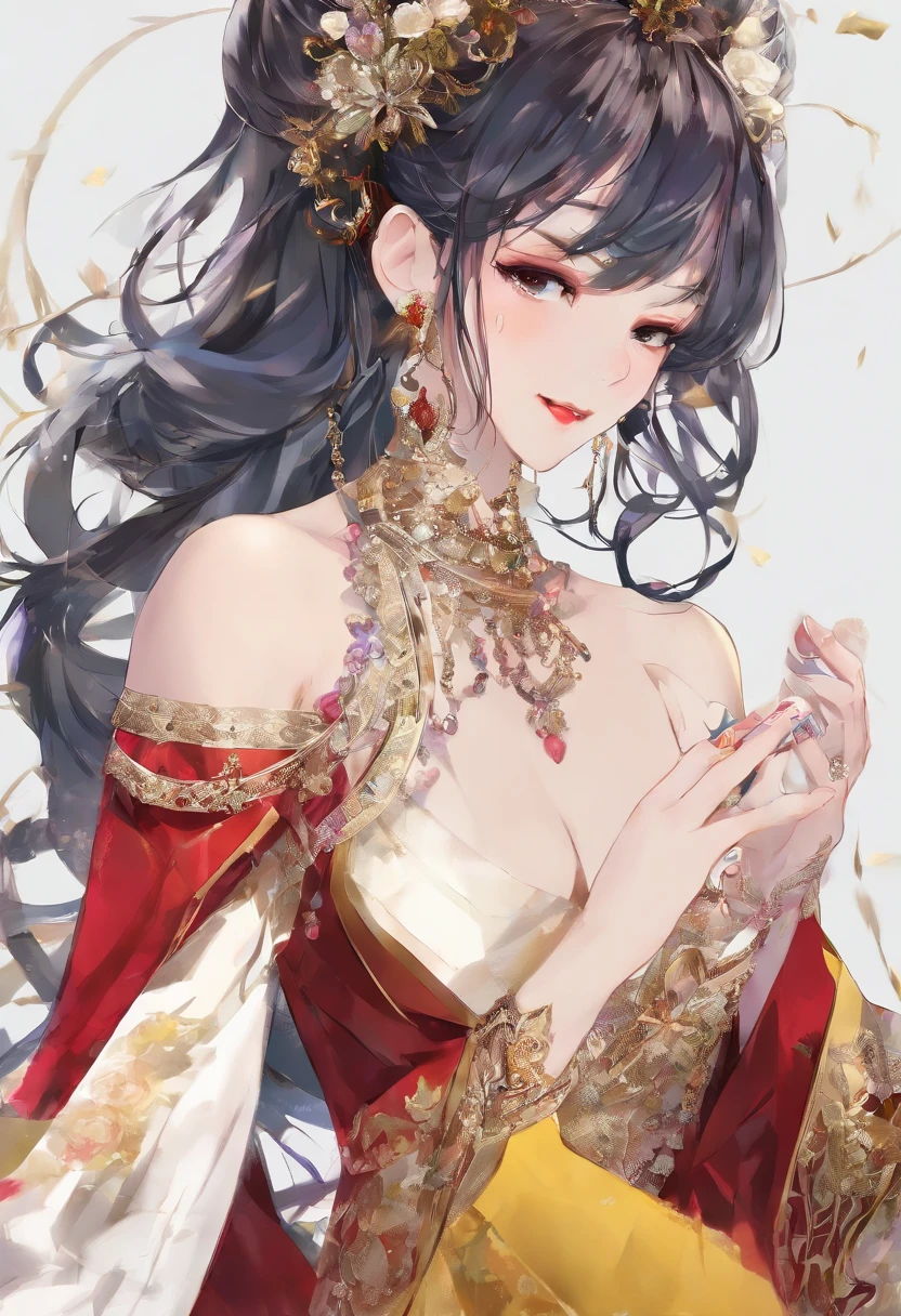 (masterpiece, top quality, best quality, official art, beautiful and aesthetic:1.2),  (flat color:1.3), extremely detailed, detailed face and eyes, cinematic light, SFW, anime, depth of field,
1girl, seducing smile, solo, official, brown hair, animal ears, ponytail, hair ornament, green eyes, red eyeshadow, jewelry, detached sleeves, medium breasts, dress, tail, bracelet, one tail, mouth slightly open,
chinese style background, bling bling, wallet, girl listening to the wallet,