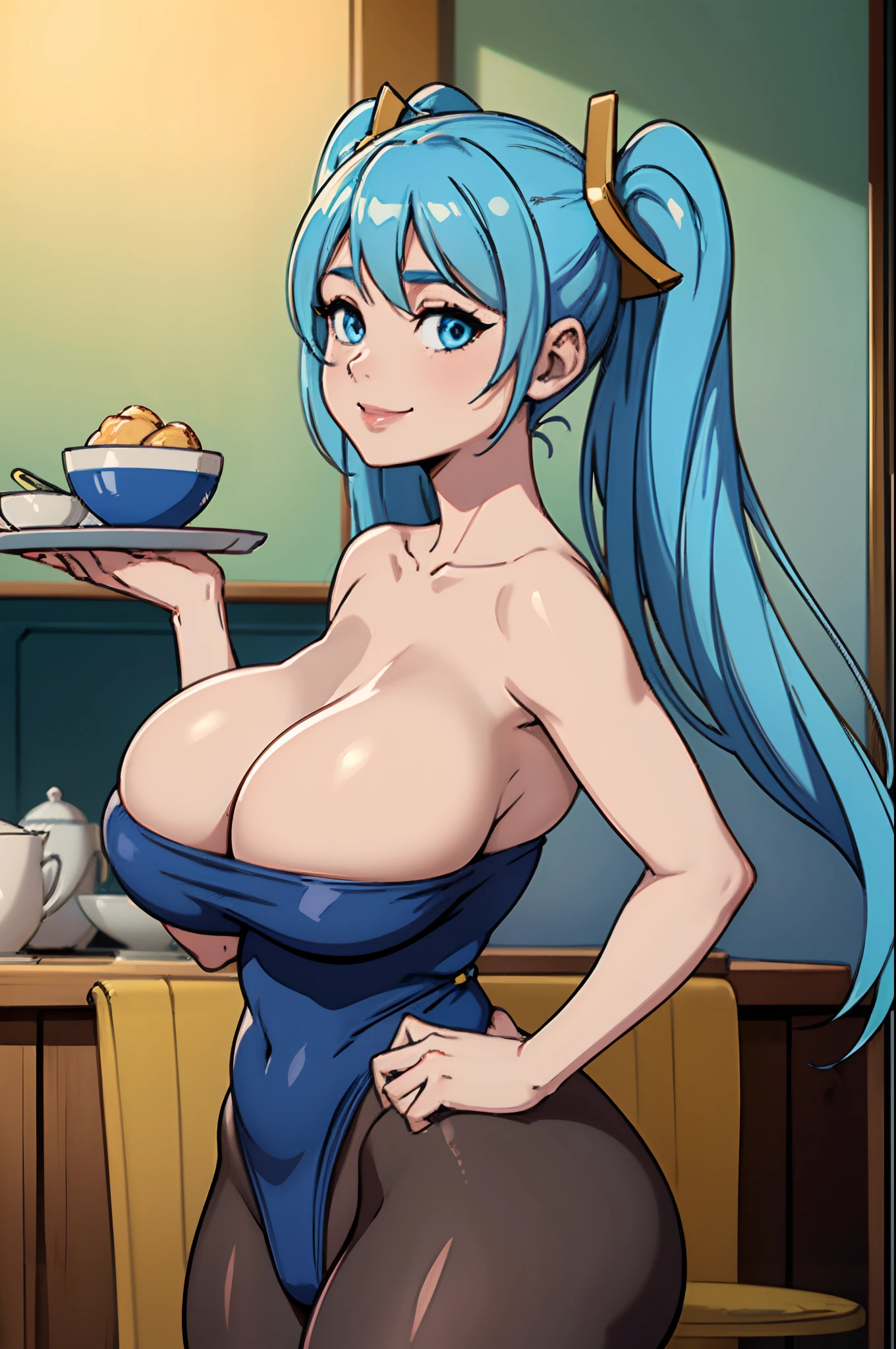 masterpiece, best quality, ultra-detailed, illustration, colorful, flat color, depth of field, lens flare, 1girl, sona \(league of legends\), blue hair, blue eyes, gradient hair, twintails, hair ornament, anime, (shortstack), (shortstackBT), (closeup), (upper body), staying, at cafe, waitress, holding tray, looking at viewer, (blue strapless highleg leotard, cleavage, black pantyhose), short height, detailed skin texture, beautiful detailed face, smile, seductive, alluring attire, collarbone, (gigantic breasts, saggy breasts, huge breasts, curvy, voluptuous, curvaceous), (hands on hips)