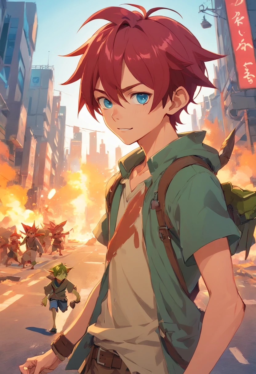 1 boy, battlefield, Red hair, blue eyes, ((goblin)), pointy ears, bloody, smirk, fantasy