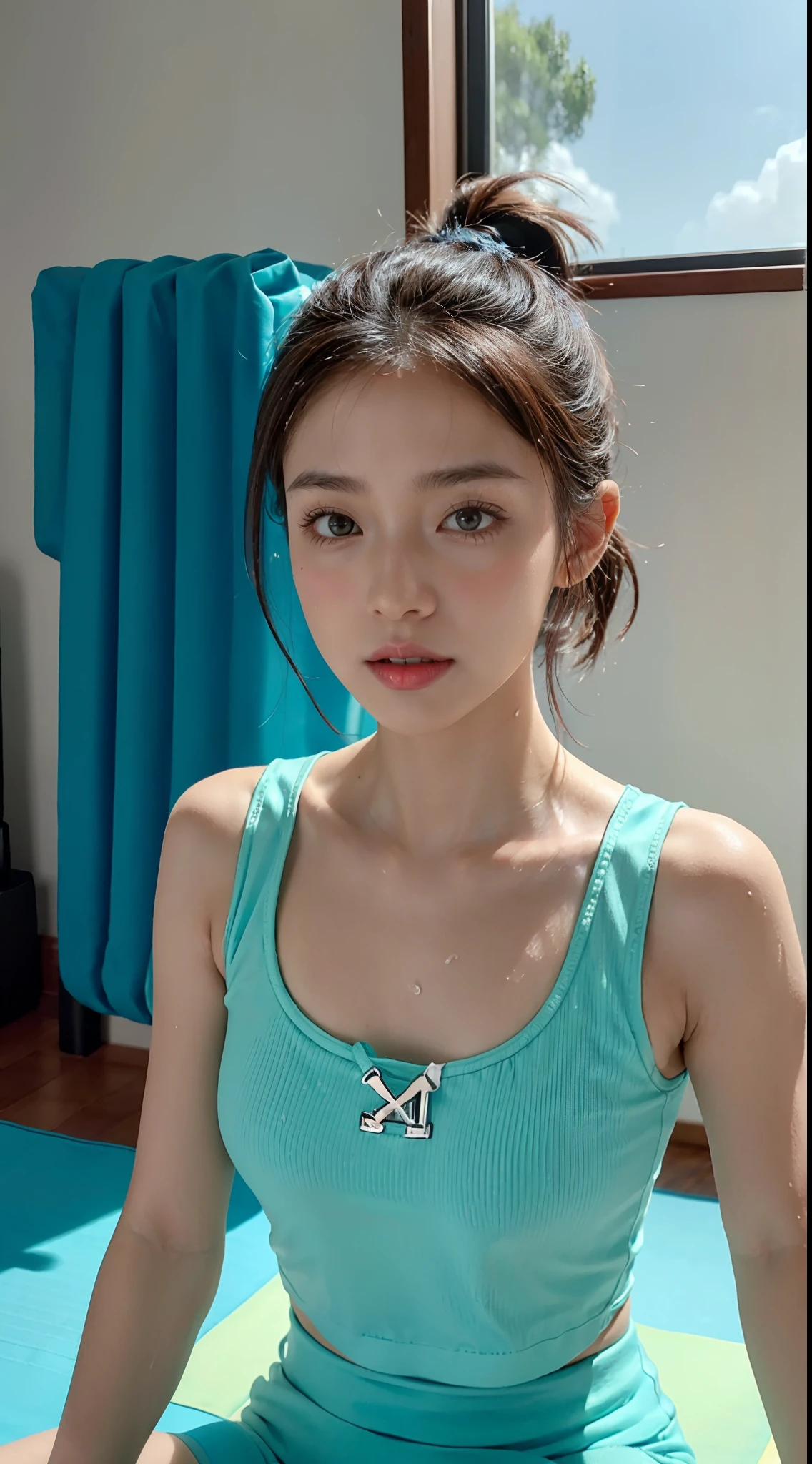 (Small underboob,Tomboyish,small heads)), (perfect bodies: 1.1), (shoulder length straight short hair: 1.2),attractive collarbone，（极其细致的CG 8k壁纸），（Extremely refined and beautiful），（tmasterpiece），（best qualtiy：1.0），（超高分辨率：1.0）,upper body，[A high resolution]，cheerfulness，smile，Smooth and flawless fair skin，ultra - detailed ，Elongated legs，（Small breasts:1.1),Flat chest,underboob,Slim，emaciated，(cyan Yoga Tank Top:1.5),(cyan yoga short pants:1.4),At home，in living room，Gym decoration style，Teal background，Yellow curtains，TV on the wall,Close shot，midday sunlight,(Sitting upright cross legged on a yoga mat:1.4),(close eyes:1.3),(open mouth:1.2) ,(female orgasmic:1.3), (blush:1.3)，(head up:1.2),Put hands together,meditating,from front,(very short pony tail:1.2),cowboy shot,(sweat:1.6),(Portrait above chest level:1.3)