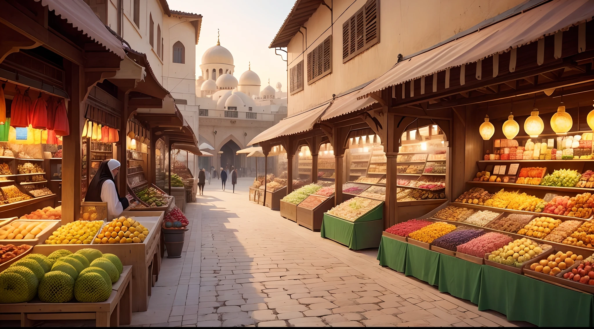 market or bazaar in 15th century Arabia, inland, random views, luxurious, Muslim, Islamic, arabia shops, arabian plaza, mosques' roof, bazaars with Arabia style, Persian Gulf Style or Iranian Style or Persian Style or Arabic Style, sunrise, hot, market or bazaar next to oasis, background is oasis or no oasis, no man, no woman, no girl, no boy, no person, no boat, no ship, no asphalt road