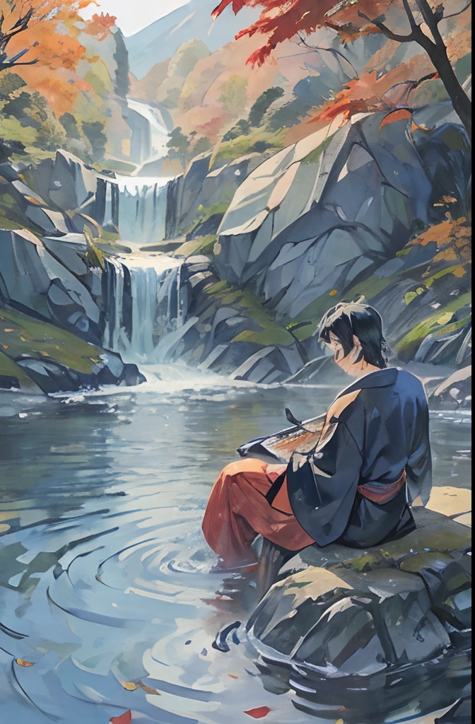 Man in his 60s with black hair、The color of the kimono is blue、Sitting on a rock near a waterfall and playing biwa、Many autumn leaves are beautifully falling、