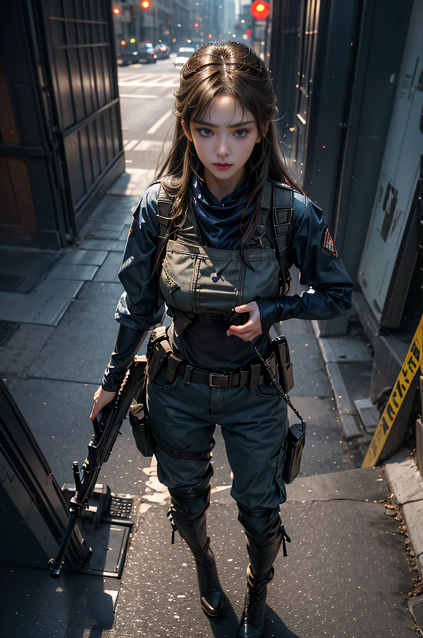1girll, (Photorealistic)++, Beautiful lighting, masutepiece++, Best Quality++, Realistic, Full body portrait、From  above, realphoto, intricate detailes, depth of fields, 1 girl, Soldier girl brown medium hair、Sniper Rifle Handle, Indigo military uniform, bulletproof vest, Holding an assault rifle, M16, In the city at night, Very detailed, Perfect face, Blue eyes, Beautiful lips, Colossal tits、Toned buttocks、, Small waist, tall, Kpop Idol, FujifilmXT3, Spectacular professional photography：by Ed Blinkey, Atey Ghailan, by Ghibli Studios, Authors：Jeremy Mann, Greg Manchess, Antonio Moro, trending on artstationh, Trending on CGSociety, Convoluted , high detailing , Sharp Focus, Impressive, Mid-Journey and Realist Art by Greg Rutkowski, Original image, 8K UHD